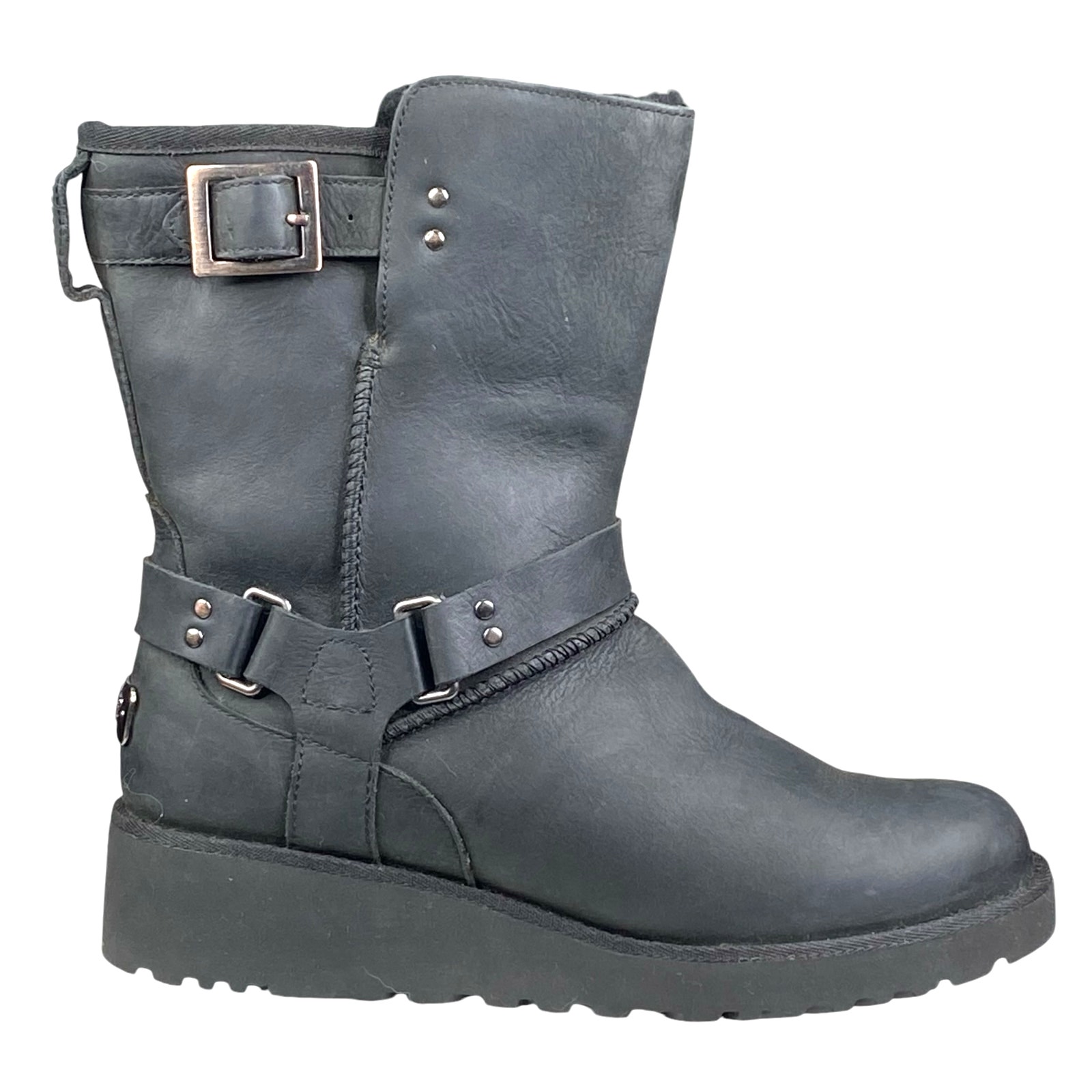 UGG Women’s Maddox Black Leather Buckle Strap Moto Snow Boots Size US 6