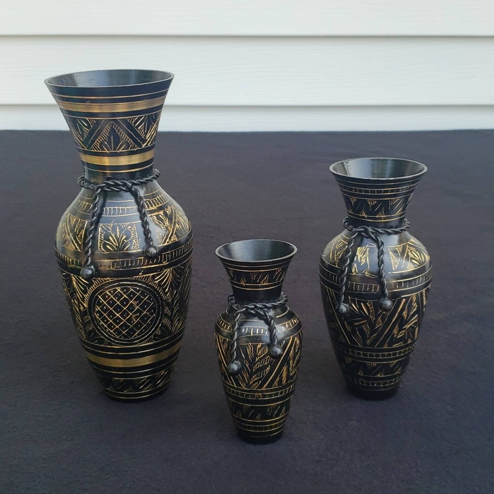 Set of 3 Vintage Painted Brass Urns Vases with Gold Etching - Made in India
