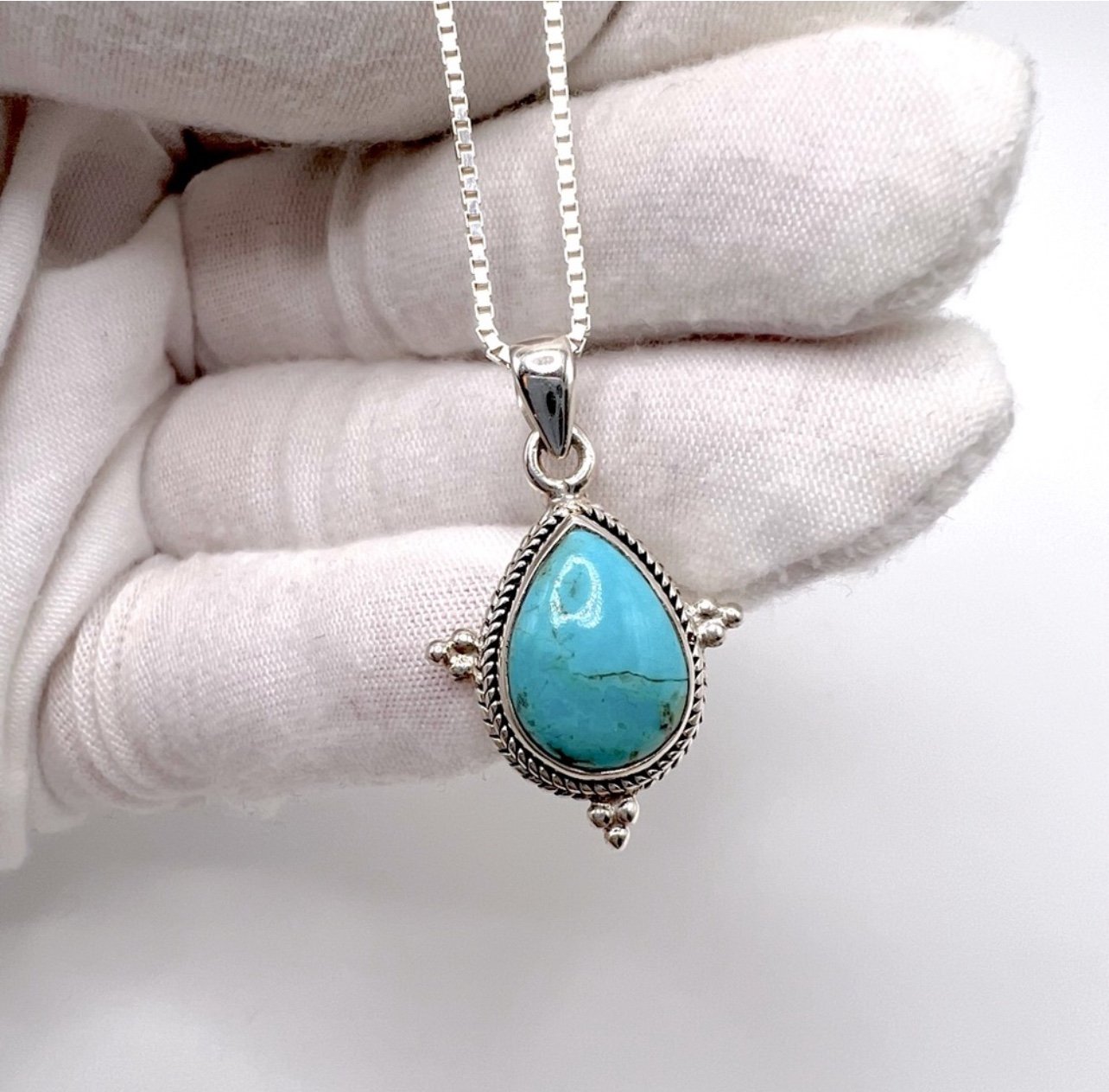 Genuine Kingman Tear Drop Mohave Turquoise .925 Sterling Silver Necklace