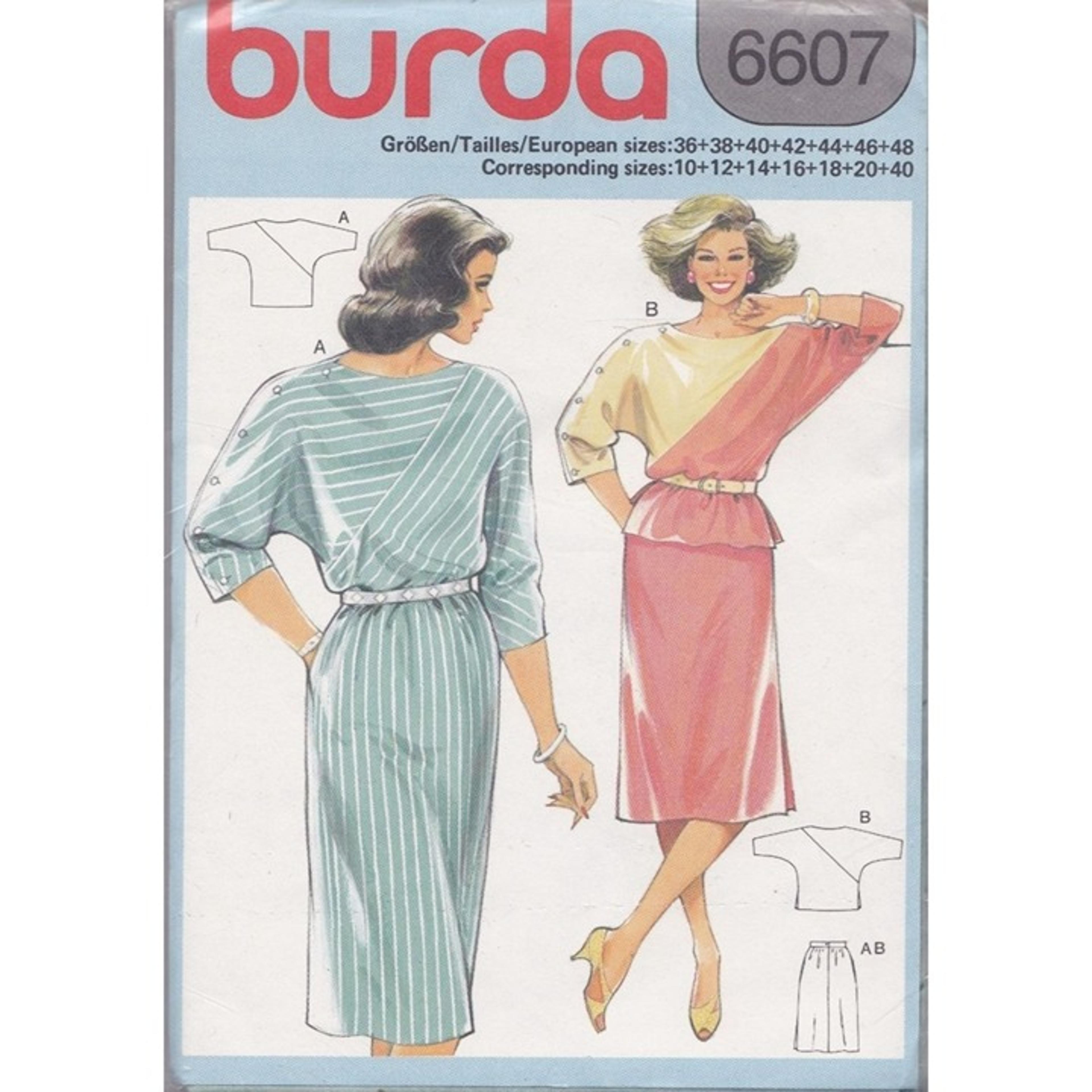 UNCUT Vintage Sewing PATTERN Burda 6607, Misses 1985 Color Block Batwing Dress