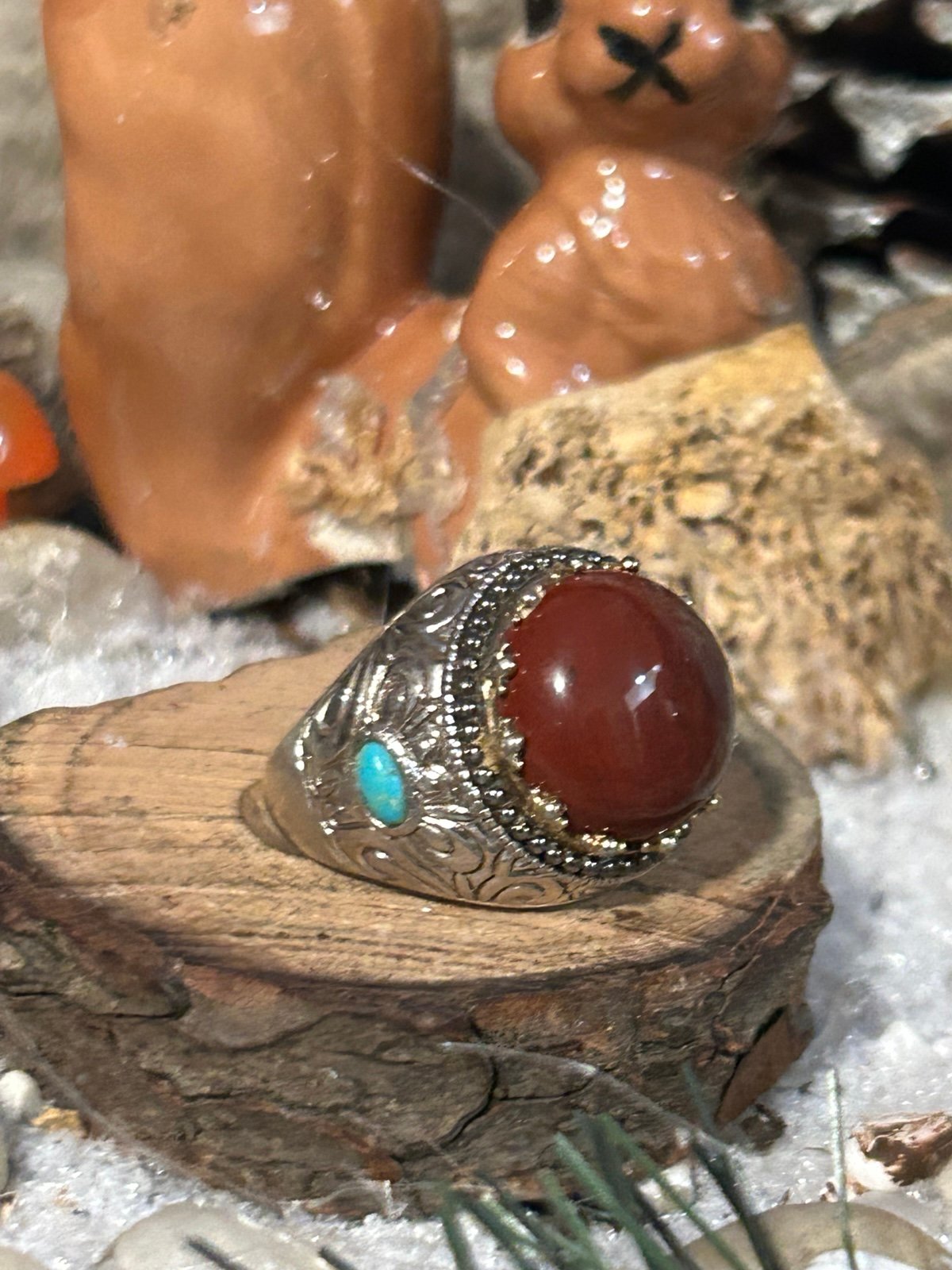 925 Sterling Vintage Fabulous carnelian turquoise size 9 ring