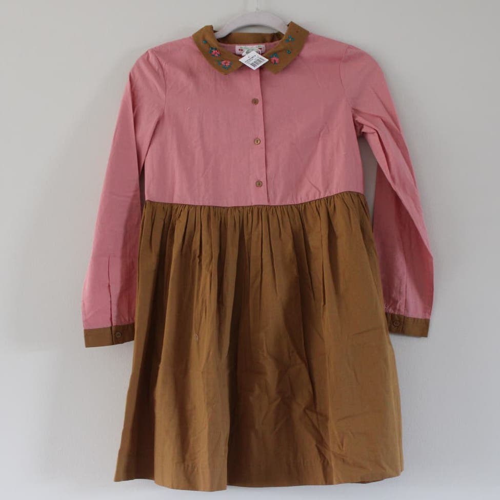 NWT Bonpoint Girl's Fatine Dress Long Sleeve Button Up Shirt Style Pink Tan 12
