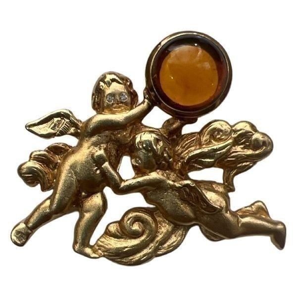 Vintage Louis Stern LS SIGNED Cherub Angel Baltic Amber Cabochon Gold Brooch Pin
