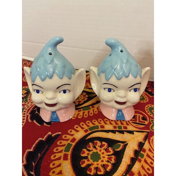 Vintage Blue Hair & Eyes Pixie Elf Fairy Salt and Pepper Shaker Set