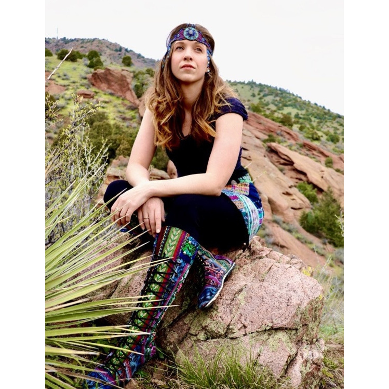 WOVEN WISDOM Festival Tall Boots Embroidered Upcycled Guatemalan Tapestry Sz 40