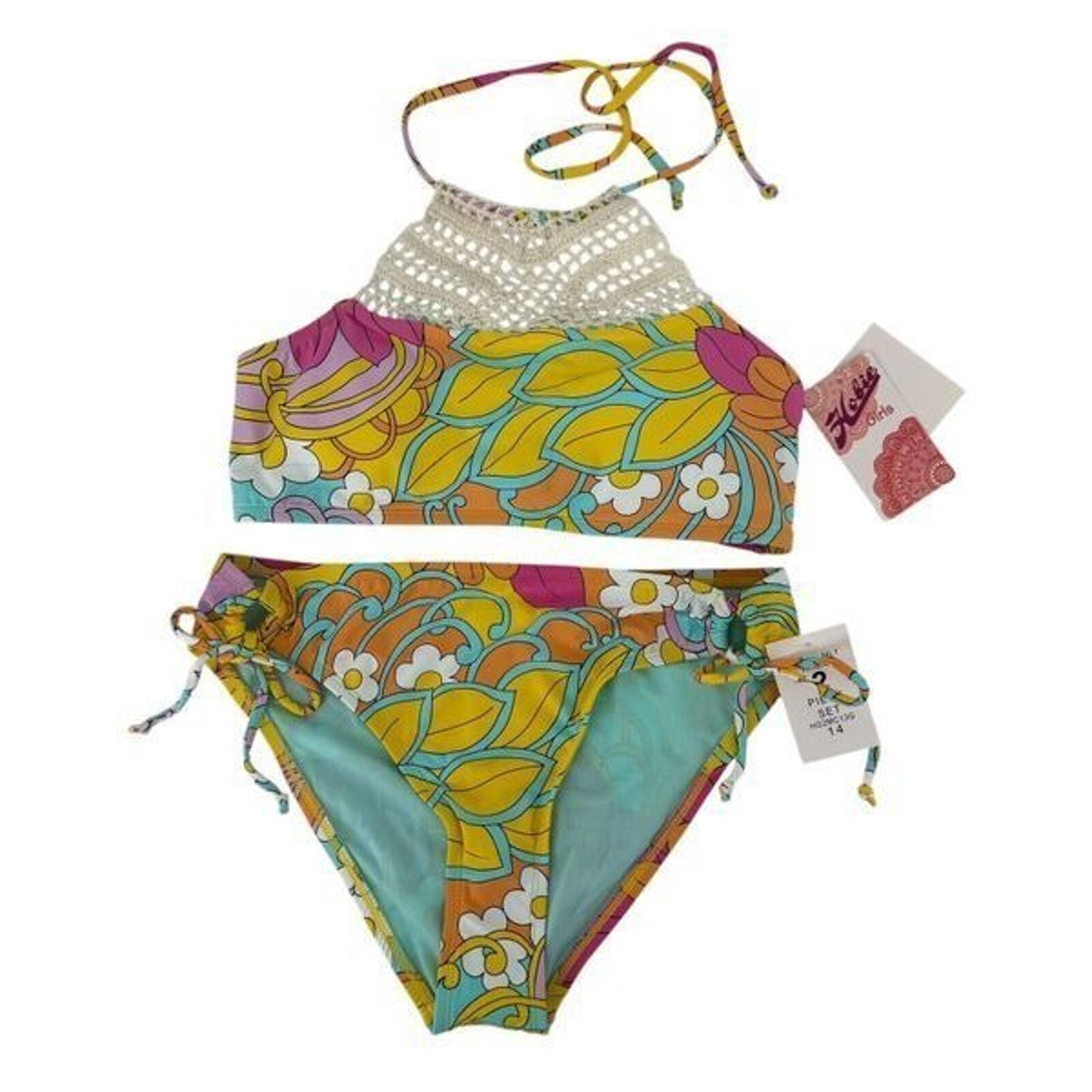 Hobie Bikini Set Girls Size 14 Swimsuit Crochet Halter Multicolor Floral NEW