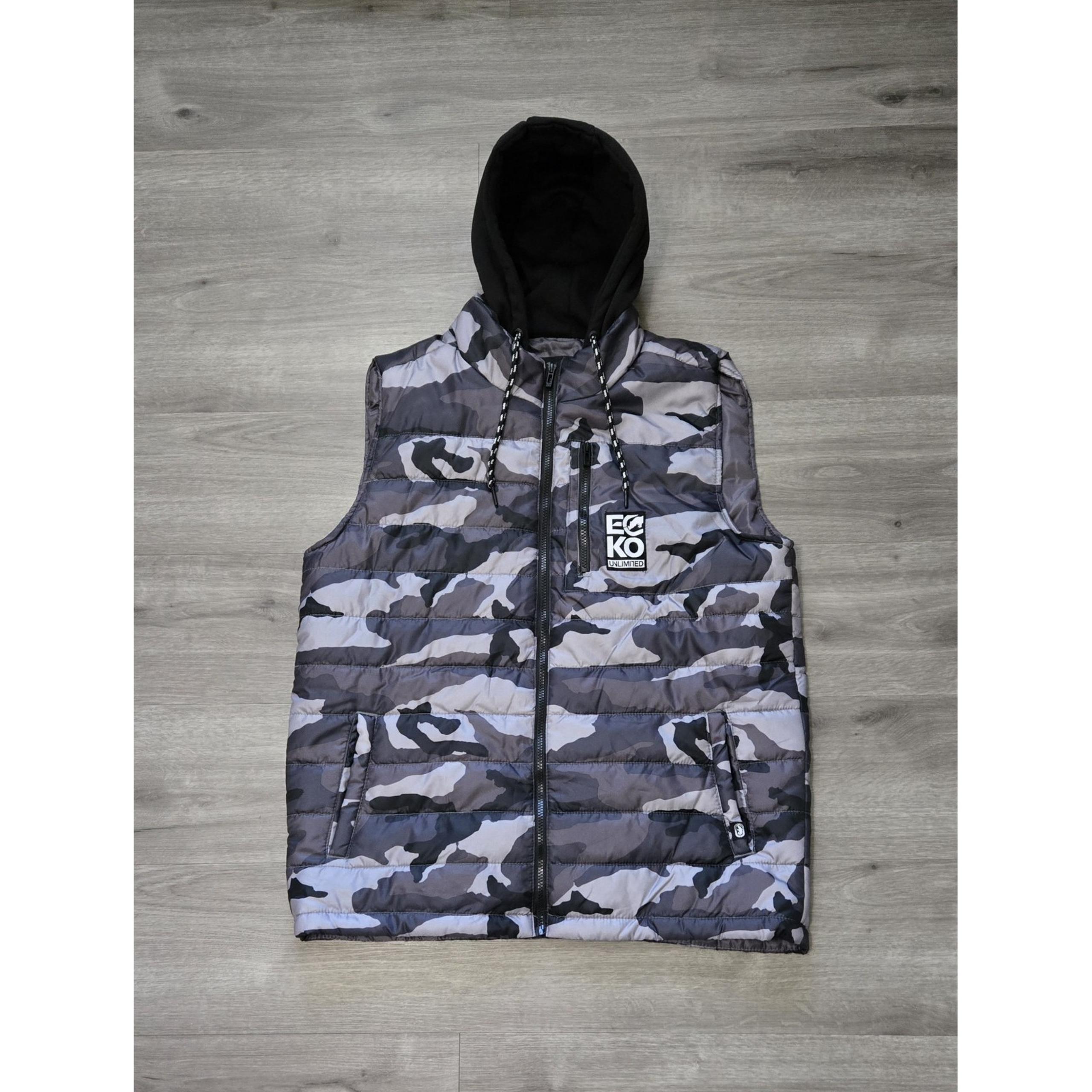 ECKO UNLTD Black Gray Camo Men's Full Zip Hooded & Lined Puffer Vest Size Large