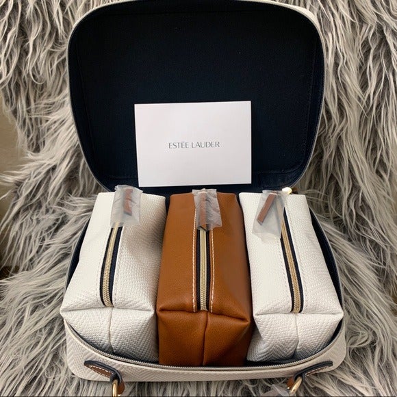 Estee Lauder White Vegan Leather Makeup Bag 4 Piece Set