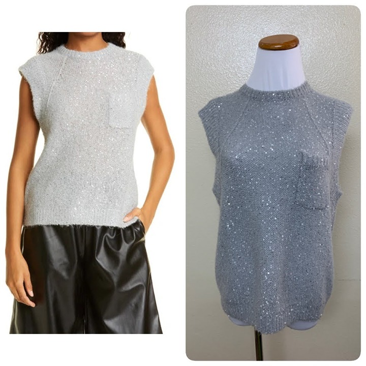 ATM Womens Sequin Crew Neck Knit Sweater Vest Small Gray Fog Alpaca Wool Blend