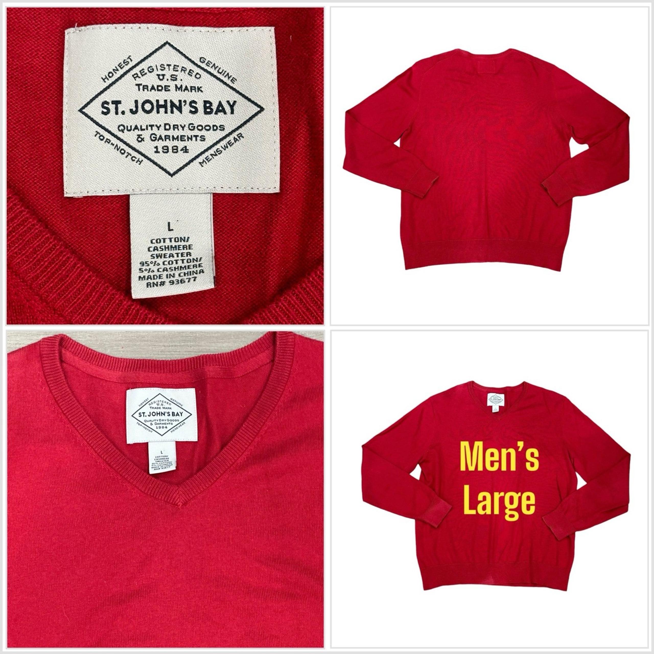 Men's St. John’s Bay Large V-Neck Sweater Red Soft Long Sleeve Cotton Cashmere