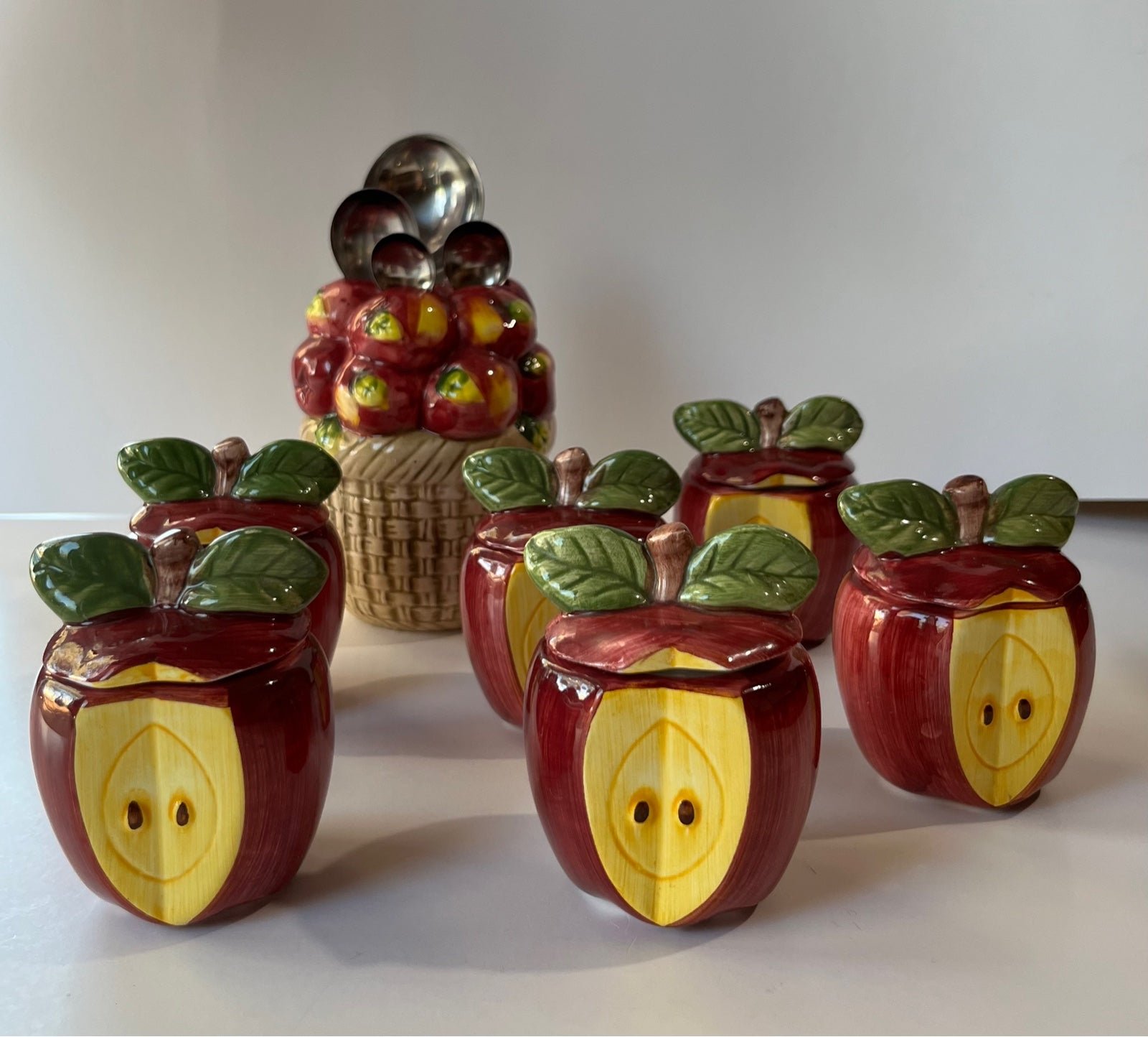 Ceramic Apple Basket aluminum measuring spoons holder and 6 small apple canister
