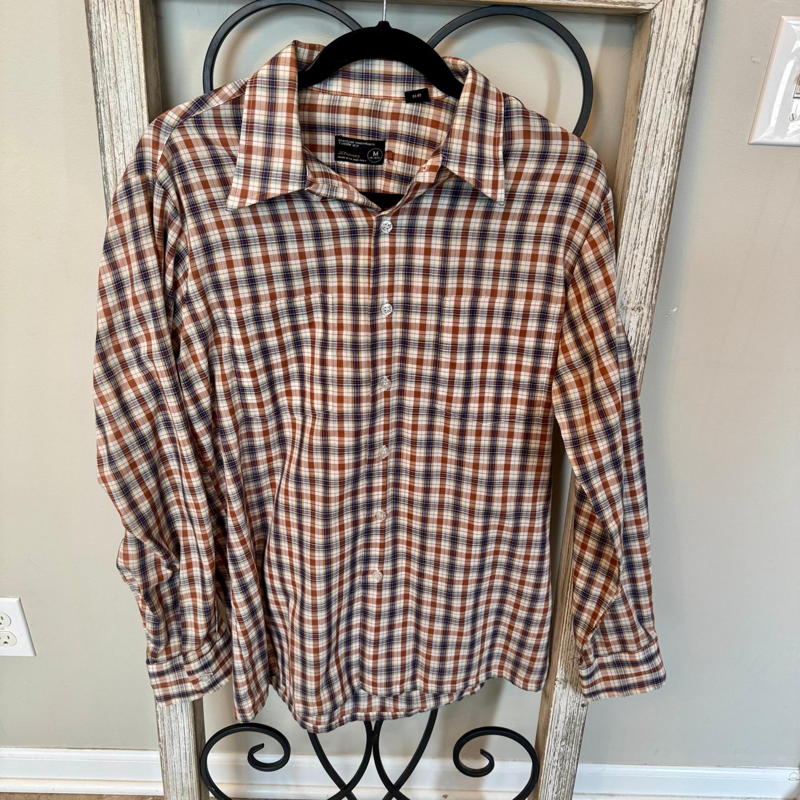 JC Penney Vintage Blue Cream Orange  Plaid Button Up Mens Shirt Size Medium
