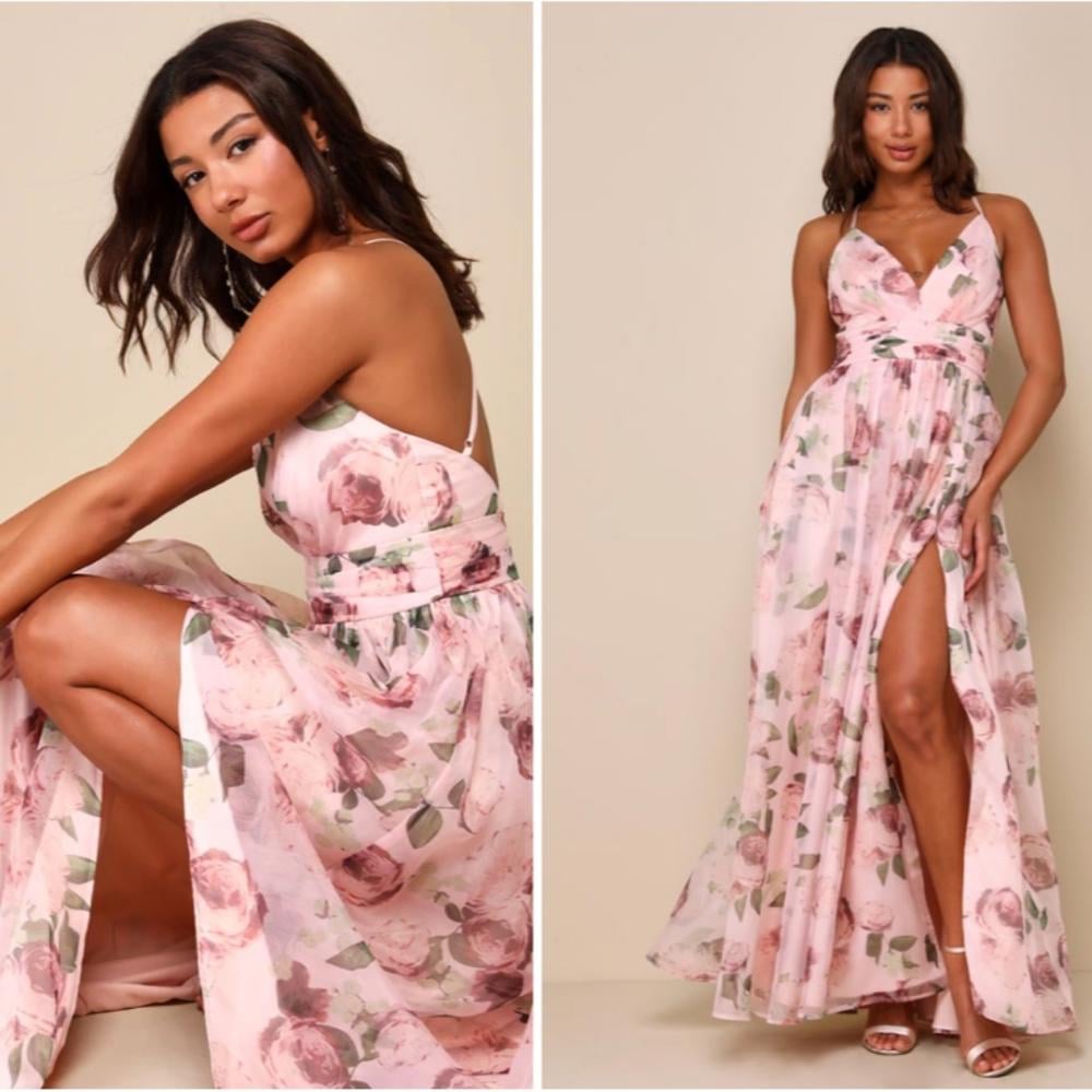 LULU's Floral Sexy Flowy Prom Wedding Chic Flowy Organza Maxi Dress NWOT