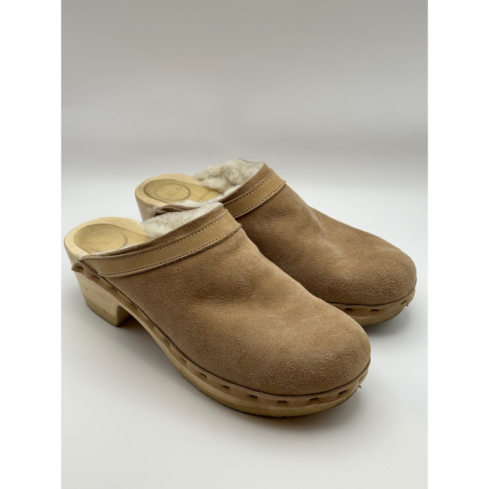 No. 6 Dakota Shearling Clog Mid Heel In Fawn Suede Size EU 41