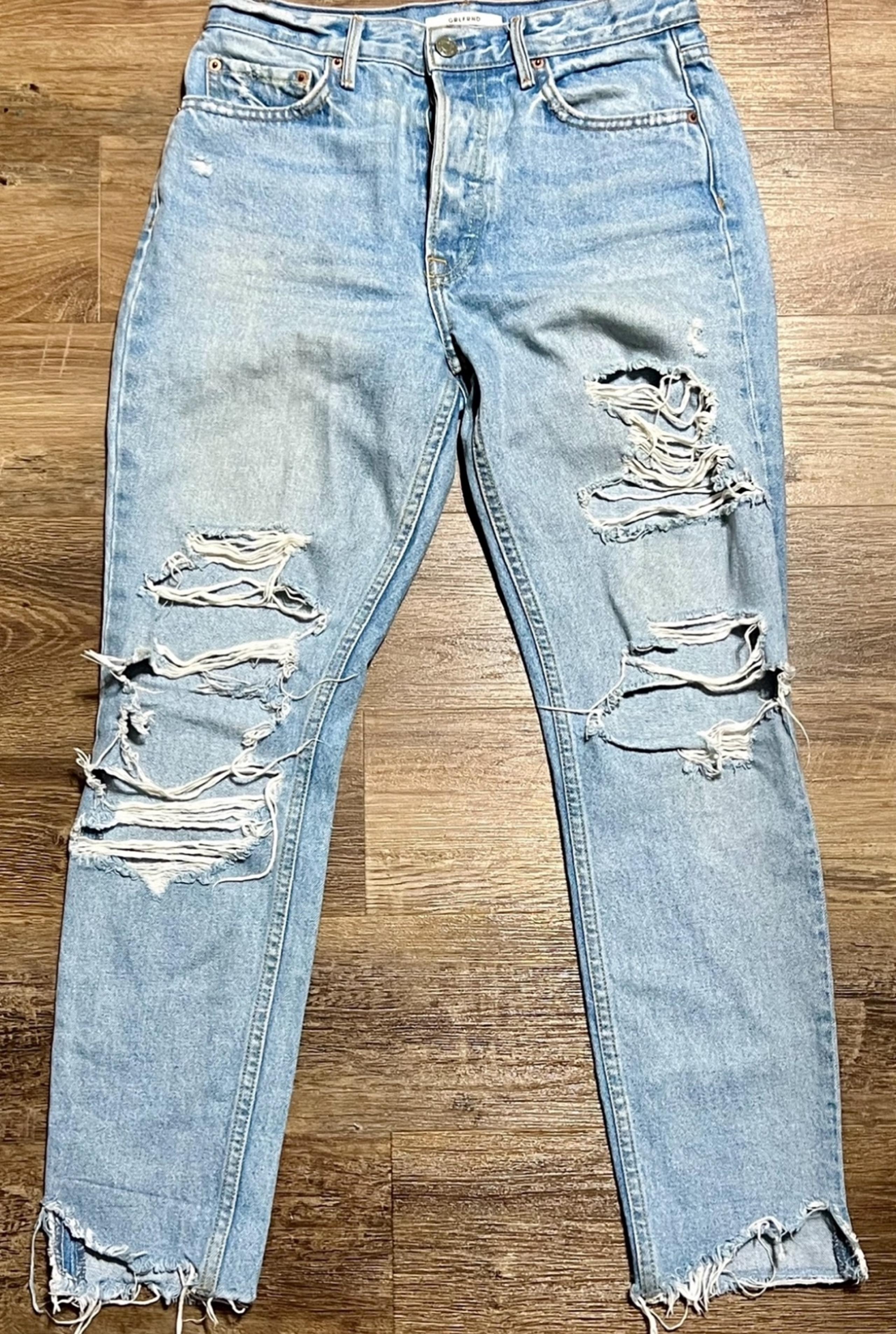 Grlfrnd Womens High Waist Button Fly Distressed Light Straight Leg Pant Sz 27