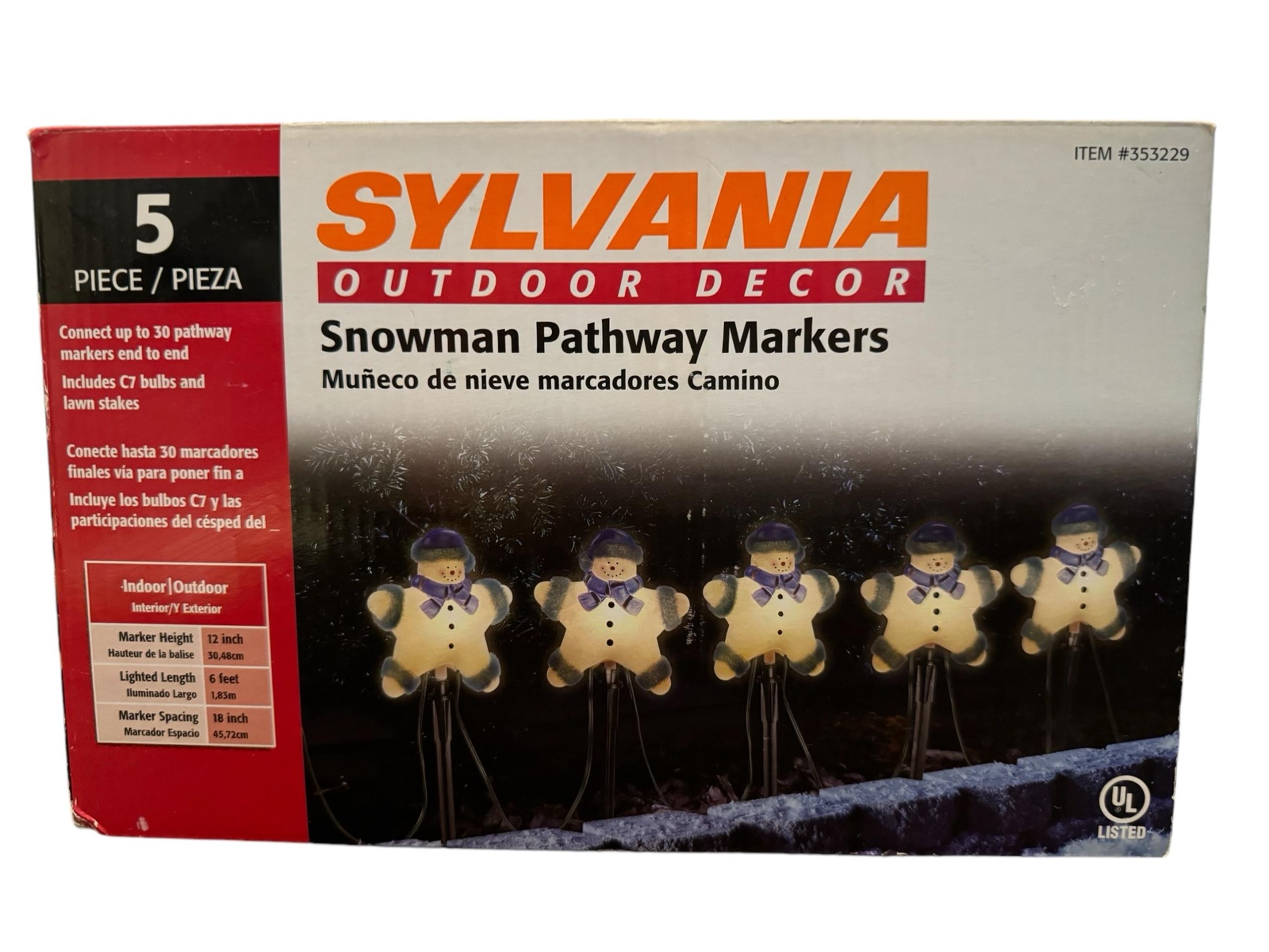 Vintage Sylvania Outdoor Lighted Christmas Snowman Pathway Markers 5 Piece 12”