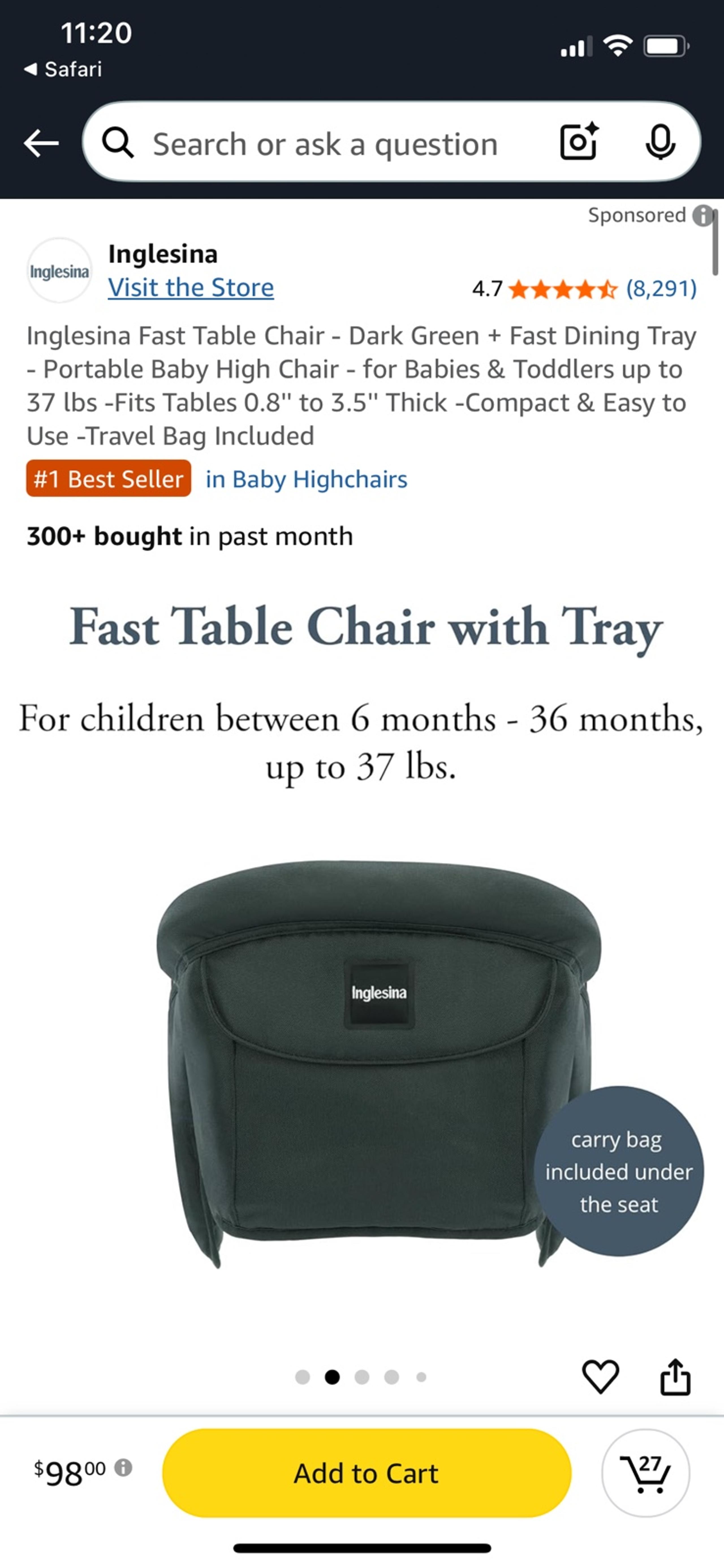 Inglesina baby chair high chair dark Forrest green