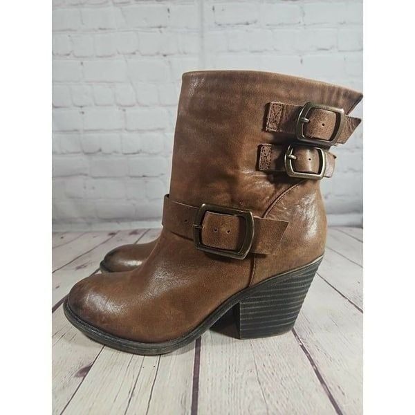 LUCKY BRAND Cognac Western Boho Tommie Buckle Ankle Heel Boots Women's Size 8.5