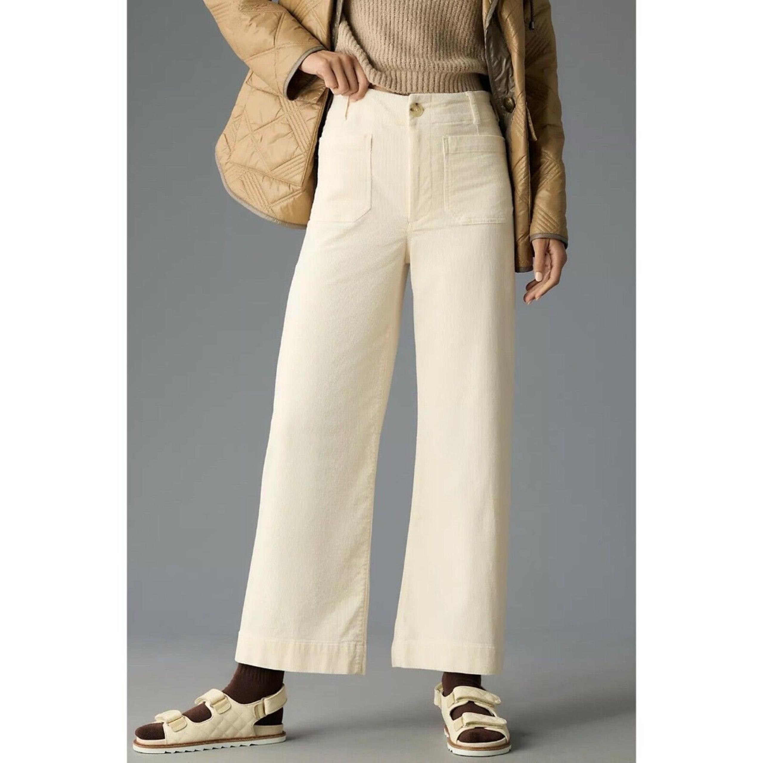 Anthropologie Maeve Colette Corduroy Cropped Wide Leg Pants Womens 32 Ivory NWT