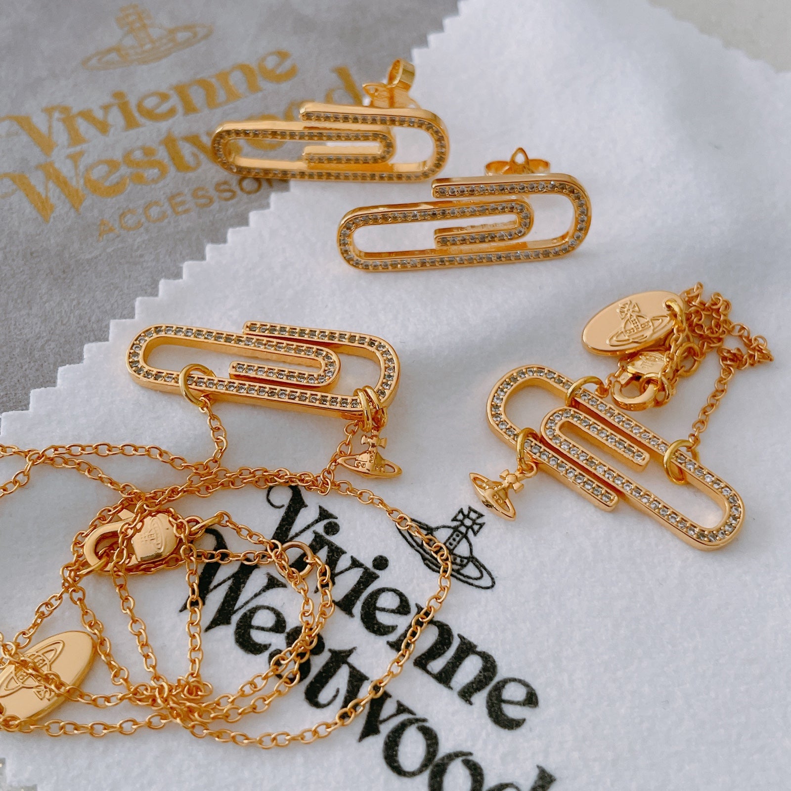 Vivienne Westwood full rhinestone paper clip set of 3 necklace bracelet earrings
