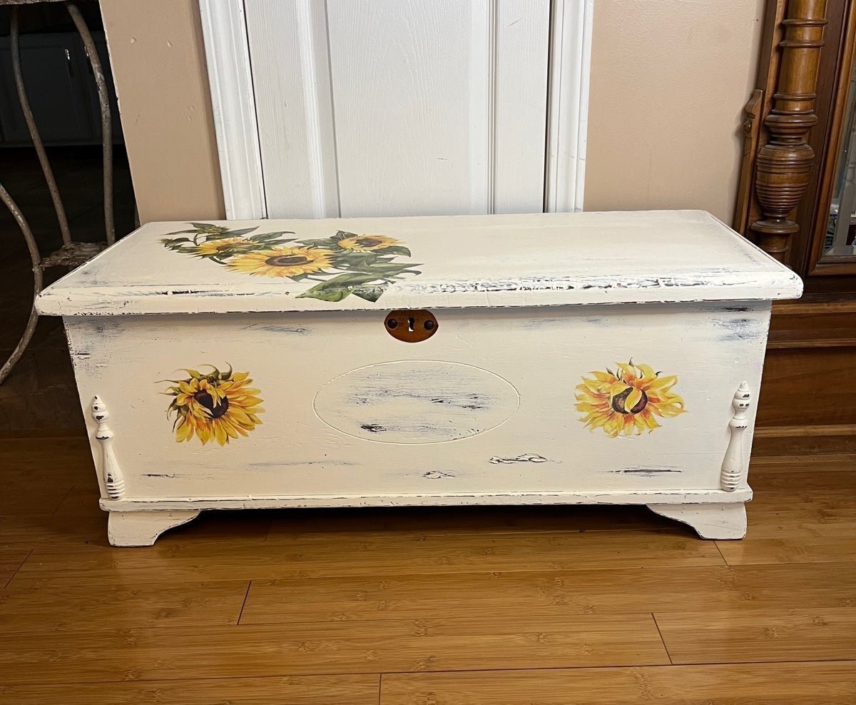 Vintage antique trunk chest all wood with sunflowers motif unique gift shabby