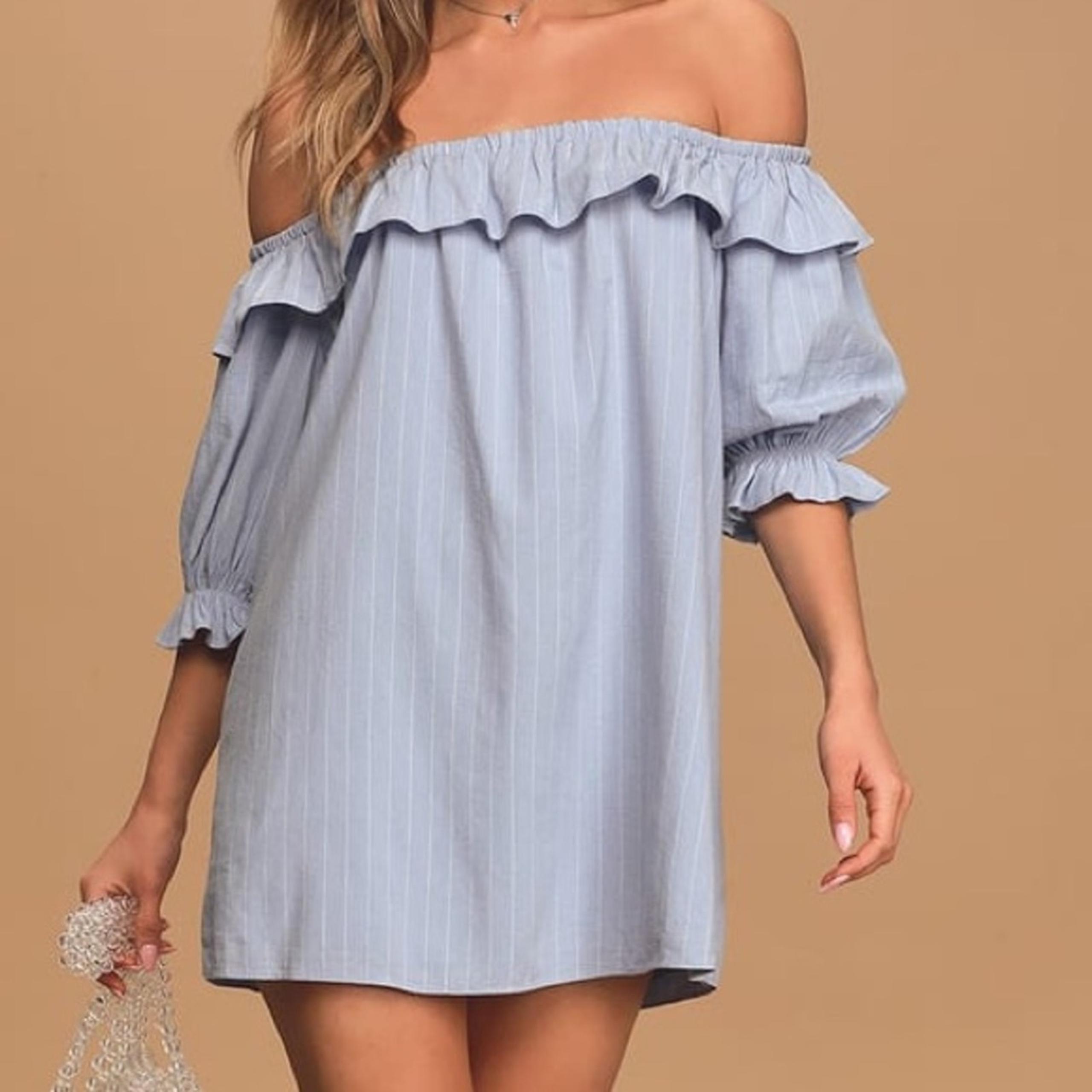 Lulus Seeing You Smile Light Blue Striped Off-The-Shoulder Shift Dress