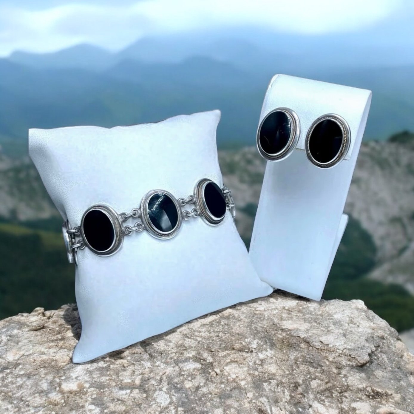 Vintage Sterling & Onyx Bracelet/Earring Set