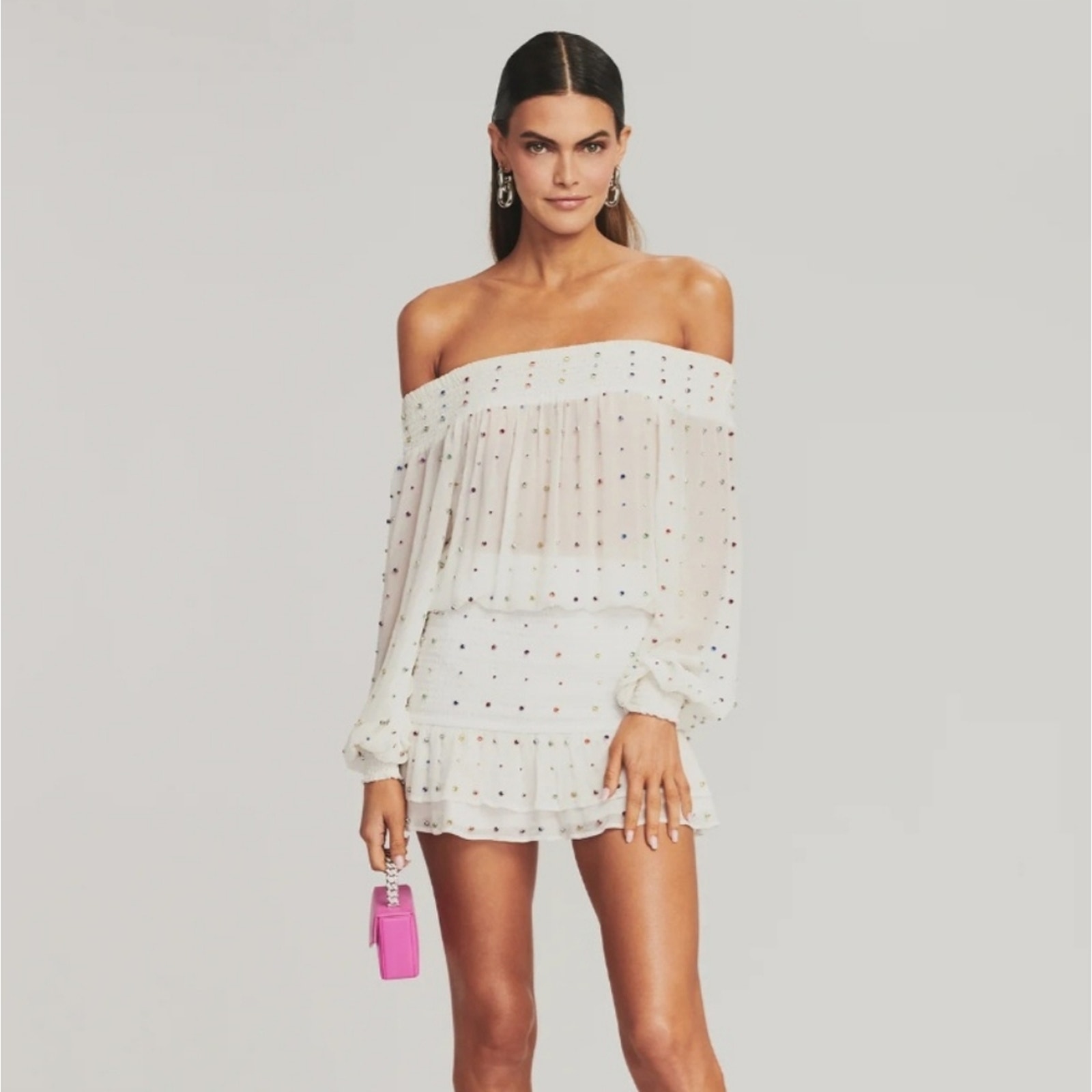 Retrofete Taisha Embellished Silk Chiffon Dress White Colored Crystals Large NWT