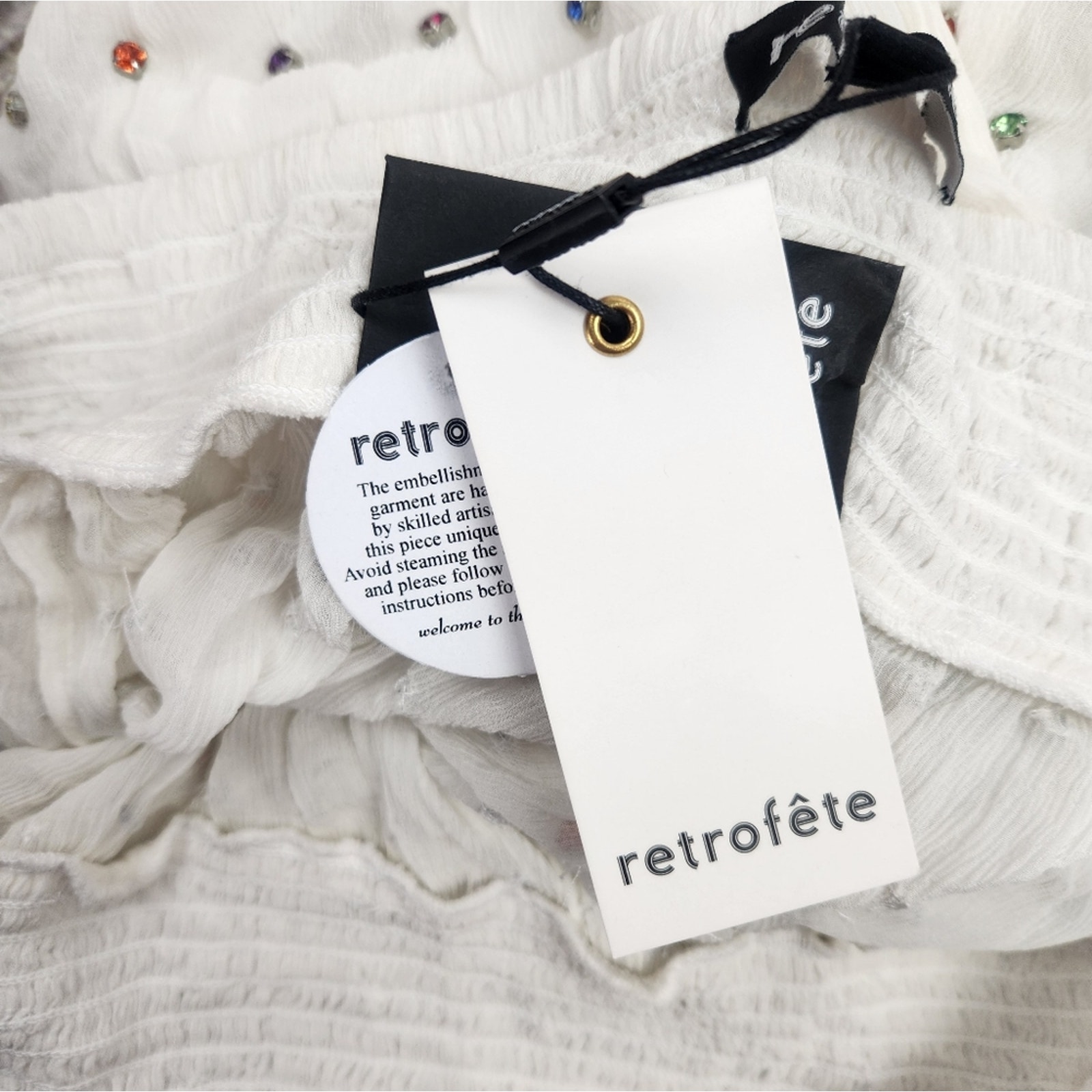 Retrofete Taisha Embellished Silk Chiffon Dress White Colored Crystals Large NWT - detail