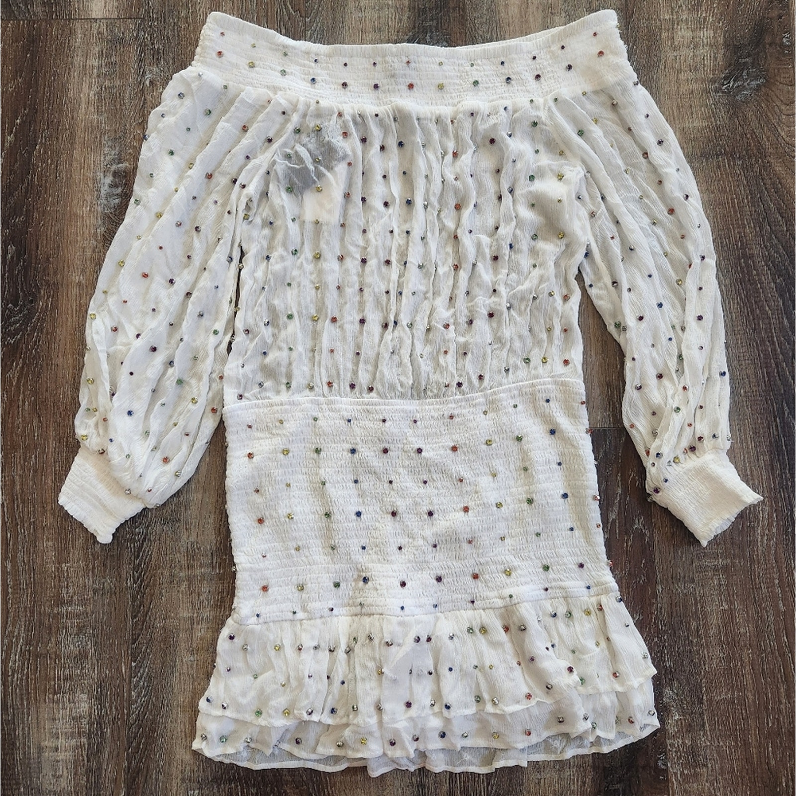Retrofete Taisha Embellished Silk Chiffon Dress White Colored Crystals Large NWT - detail