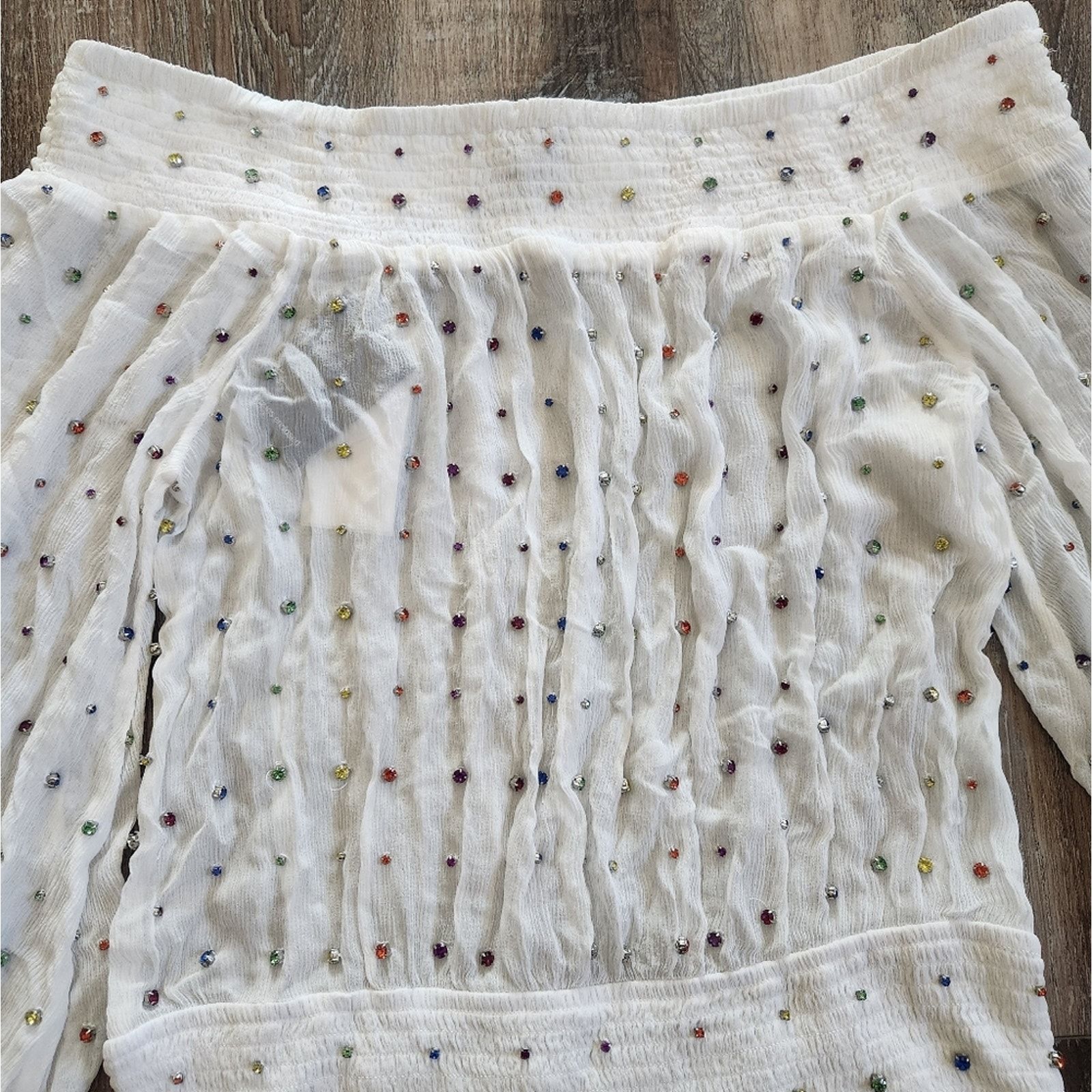Retrofete Taisha Embellished Silk Chiffon Dress White Colored Crystals Large NWT - detail