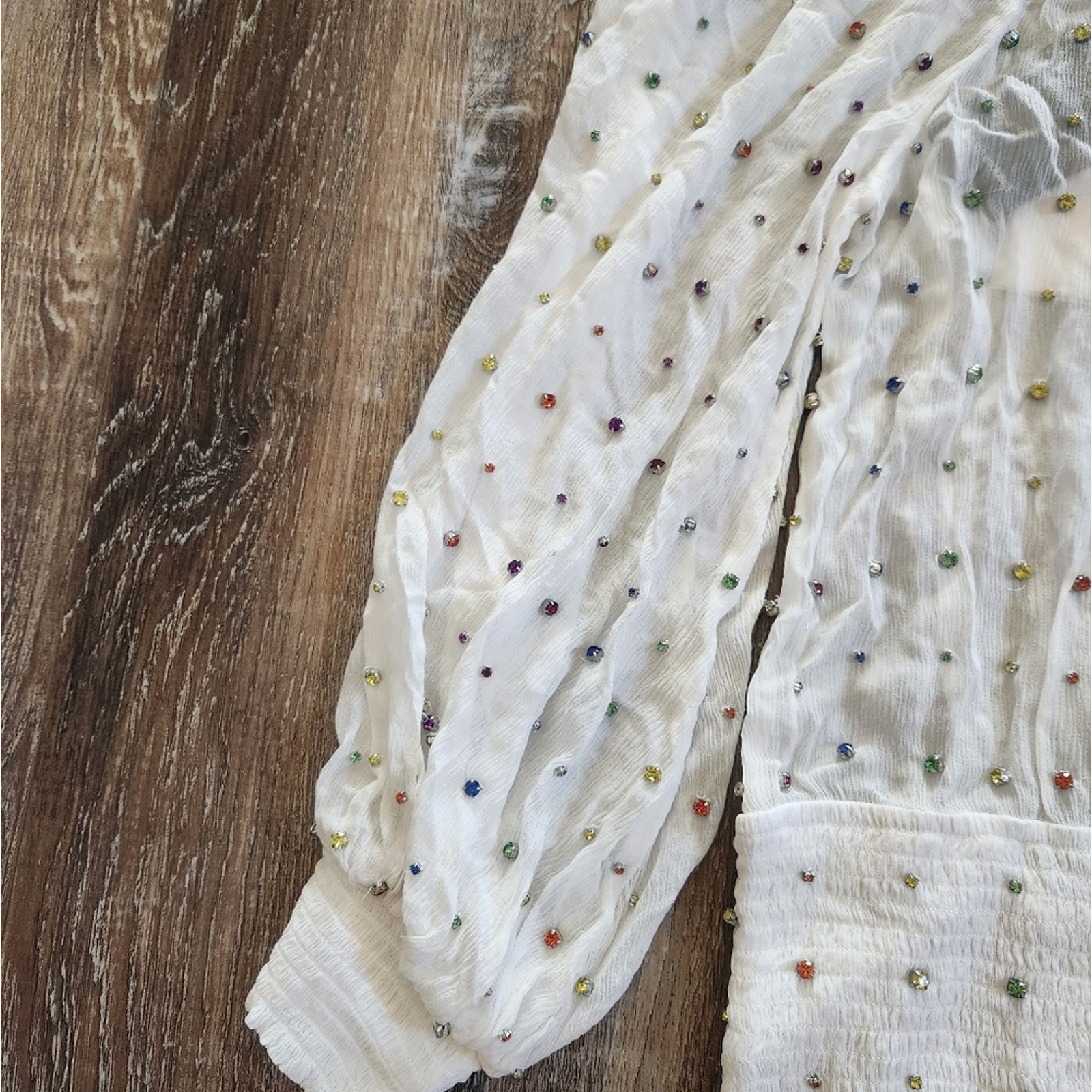 Retrofete Taisha Embellished Silk Chiffon Dress White Colored Crystals Large NWT - detail