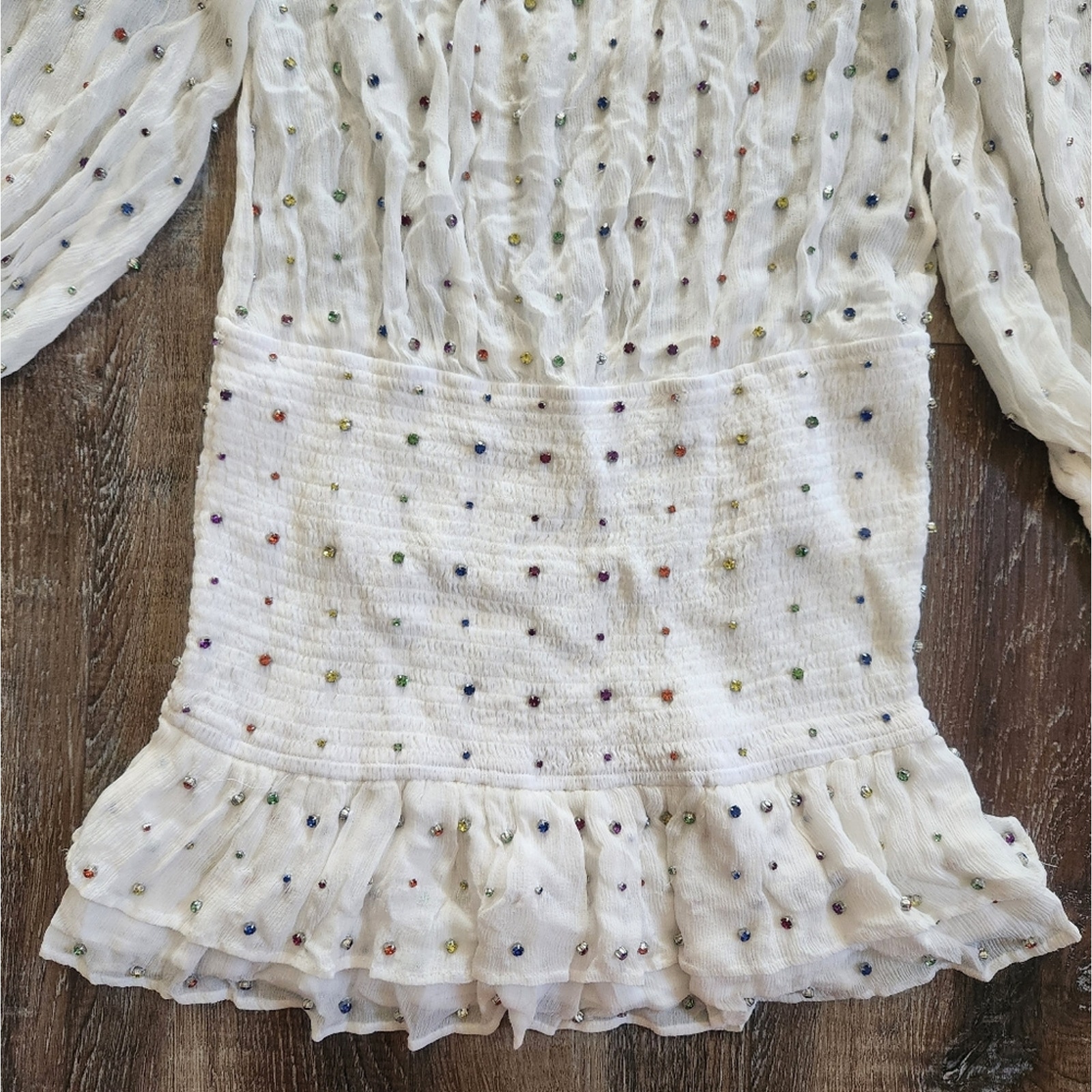 Retrofete Taisha Embellished Silk Chiffon Dress White Colored Crystals Large NWT - detail