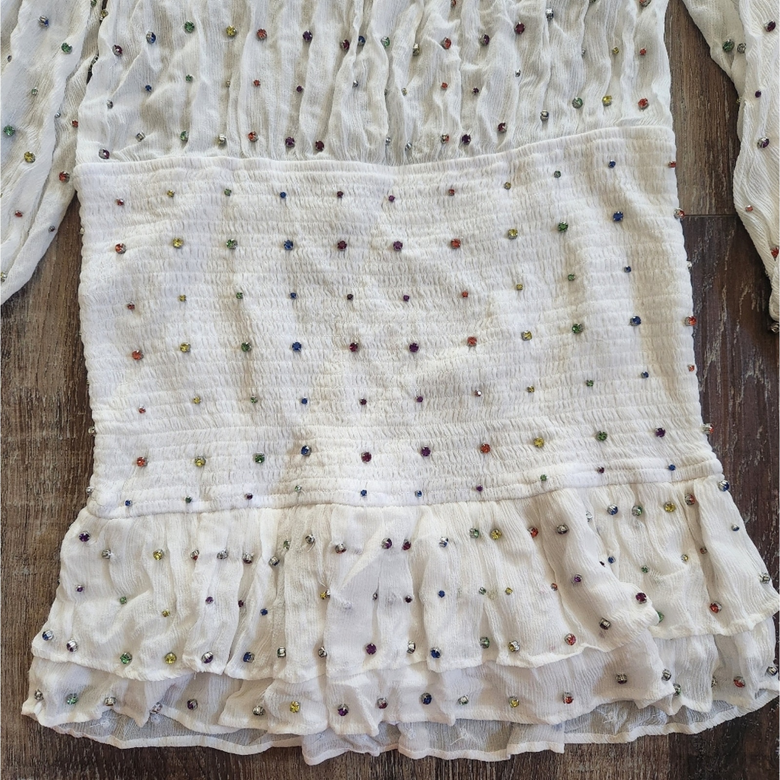 Retrofete Taisha Embellished Silk Chiffon Dress White Colored Crystals Large NWT - detail