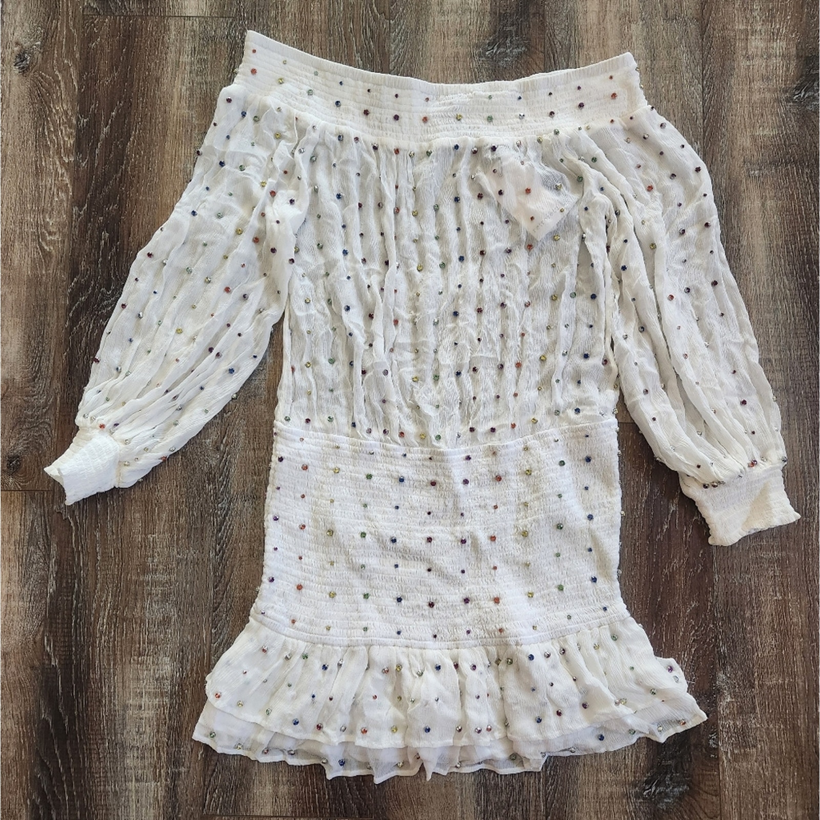 Retrofete Taisha Embellished Silk Chiffon Dress White Colored Crystals Large NWT - detail