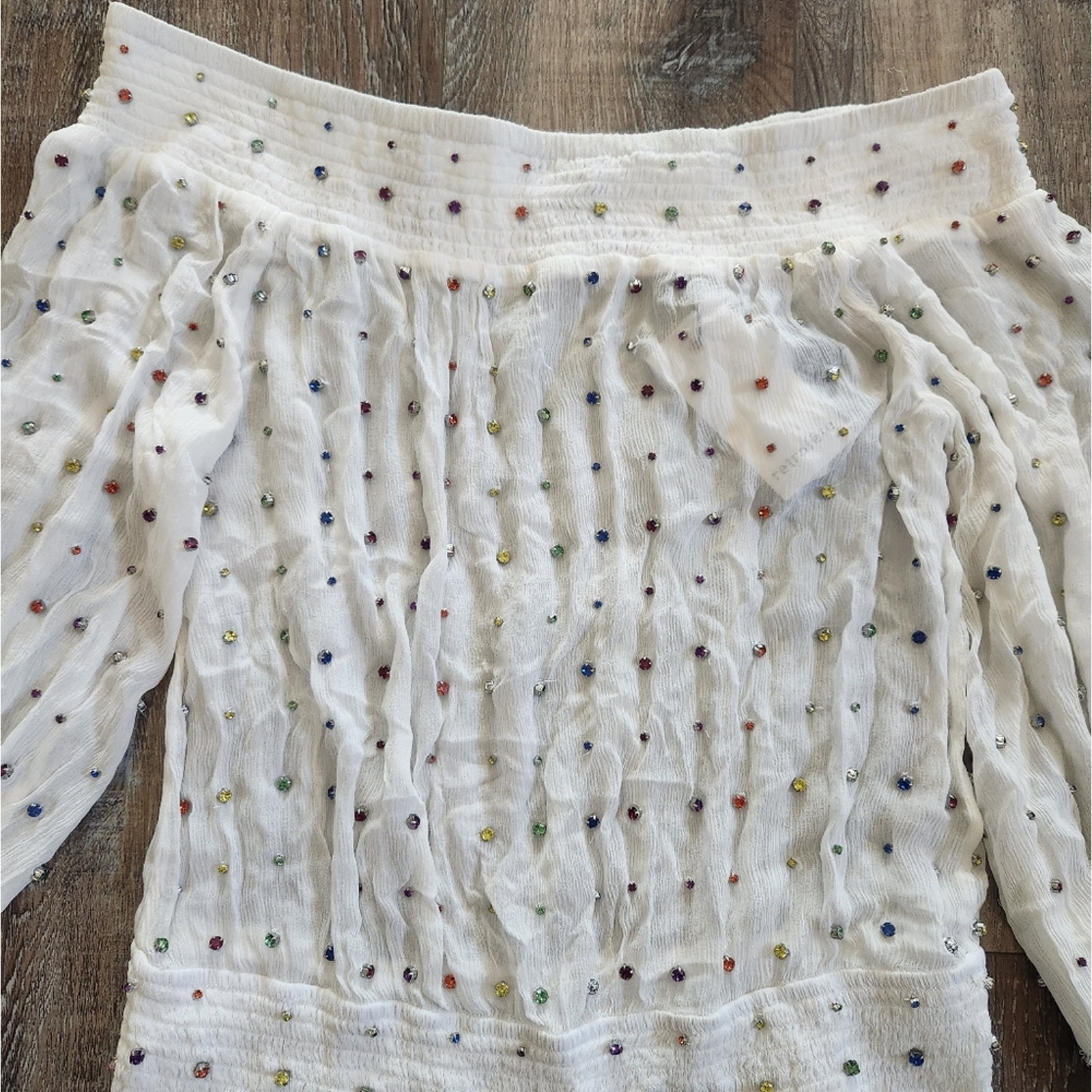 Retrofete Taisha Embellished Silk Chiffon Dress White Colored Crystals Large NWT - detail