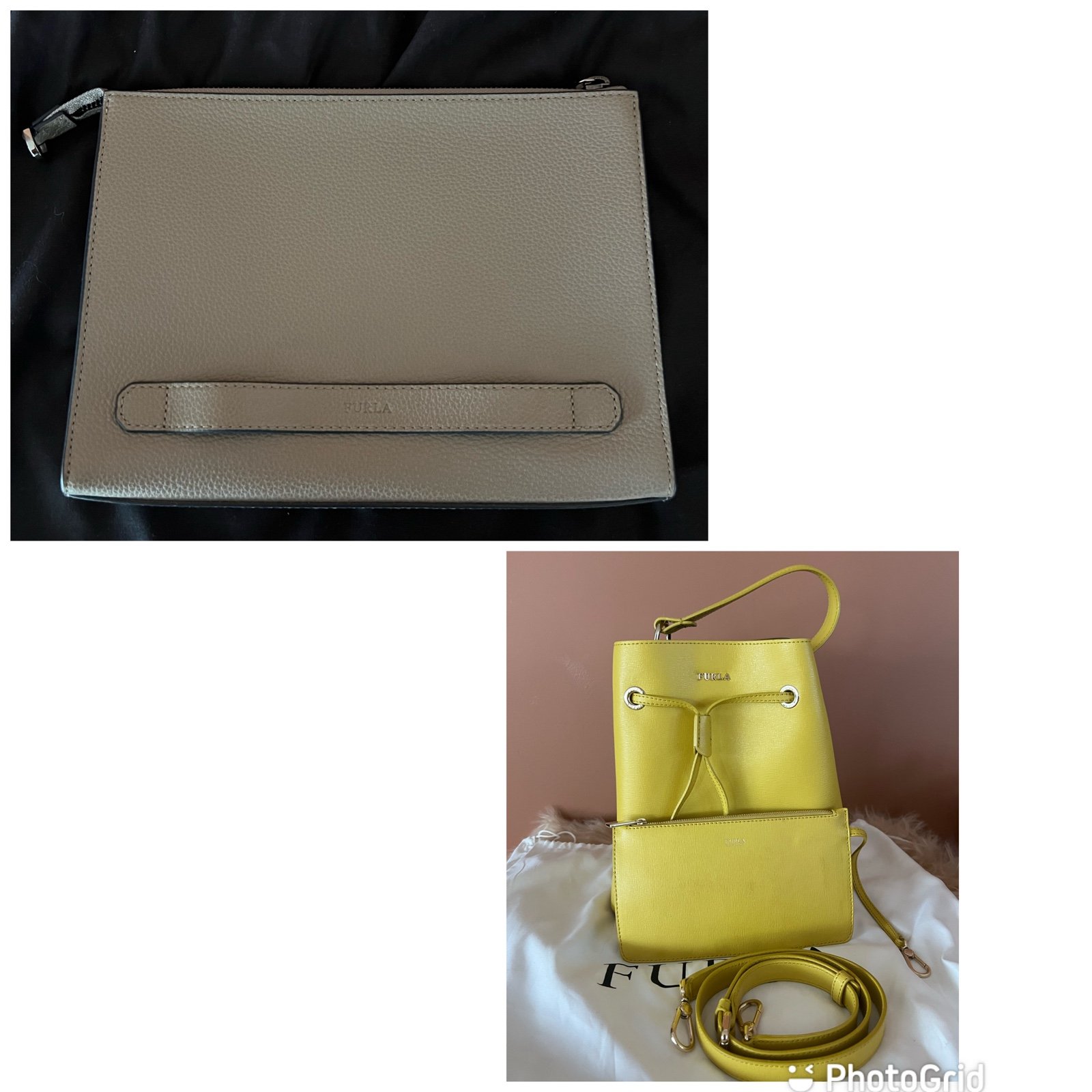 Furla Yellow Bucket Drawstring Bag And Gray Clutch Bag Bundle Preloved