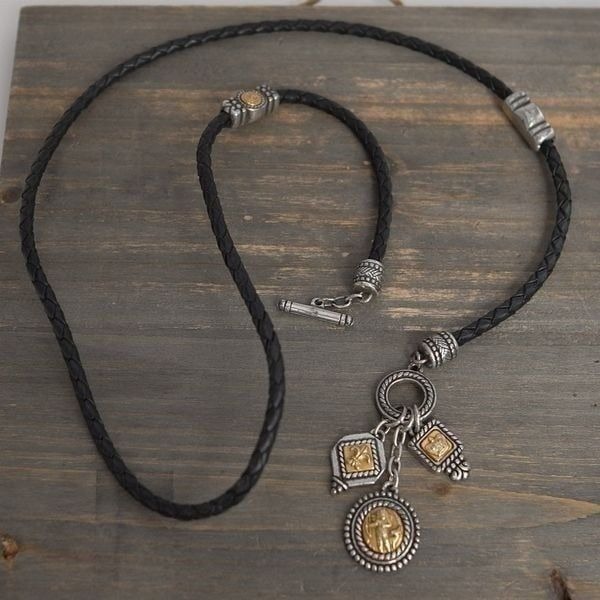 Brighton Braided Cord Necklace Black Leather Front Toggle Gold Silver Vintage