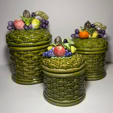 Vintage 1970's MCM Ceramic 3 Canister Set Fruit Lids Basket Weave Majolica Style