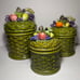 Vintage 1970's MCM Ceramic 3 Canister Set Fruit Lids Basket Weave Majolica Style