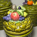 Vintage 1970's MCM Ceramic 3 Canister Set Fruit Lids Basket Weave Majolica Style