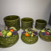 Vintage 1970's MCM Ceramic 3 Canister Set Fruit Lids Basket Weave Majolica Style