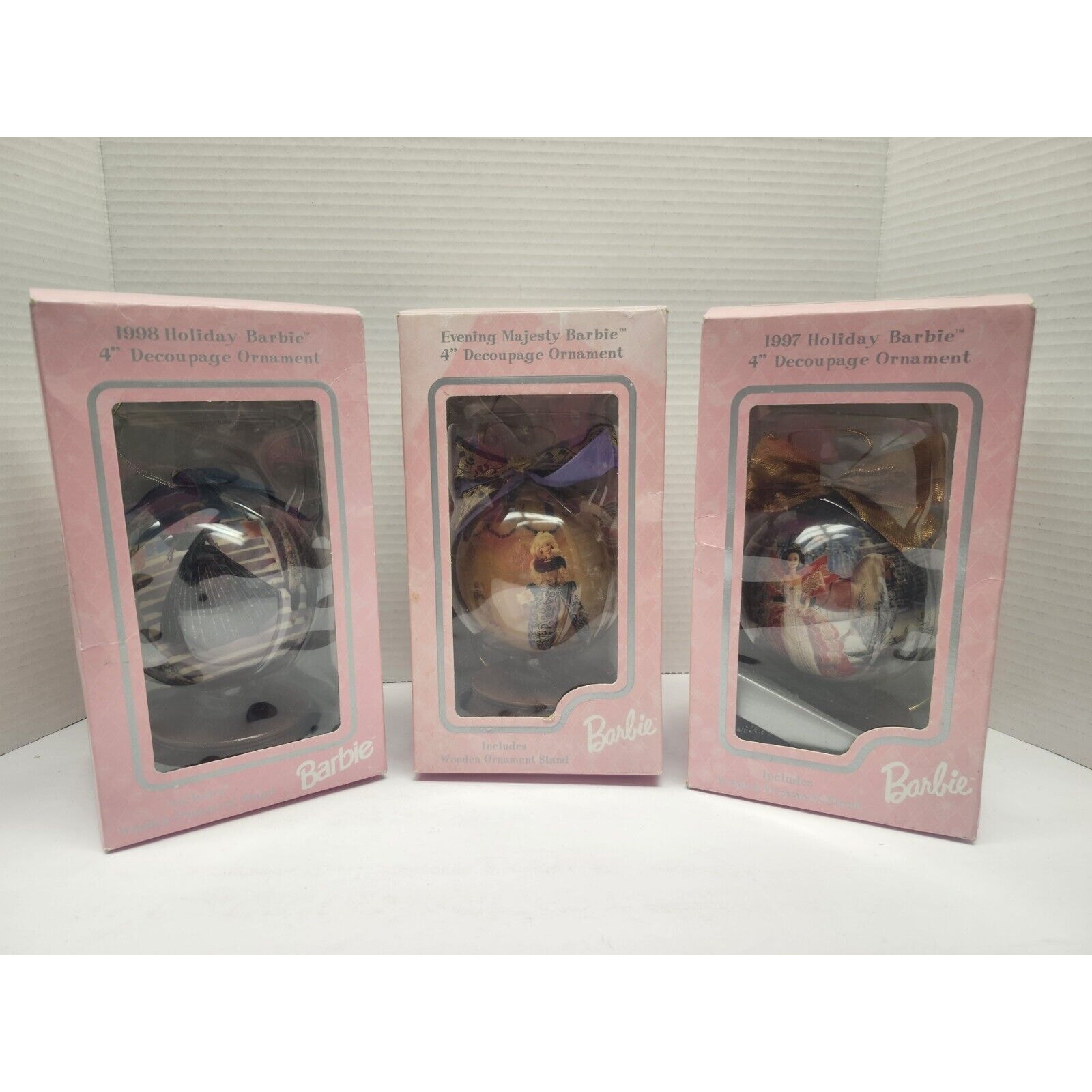 Vintage 1997 And 1998 Set Of 3 Barbie 4 Decoupage Ornaments With Stand New