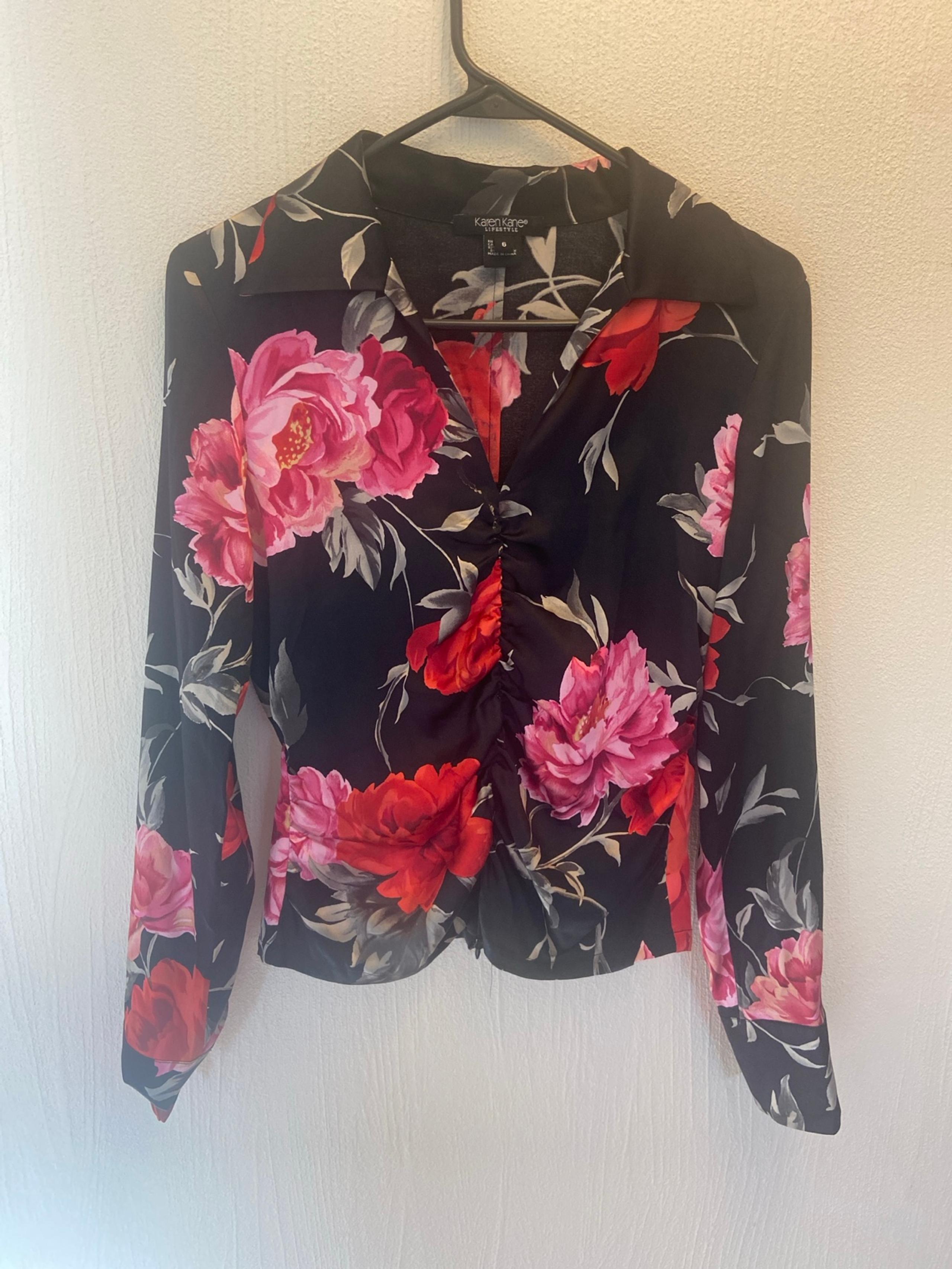 Karen Kane Black Floral Silk Long Sleeve Shirt Blouse Top Size 6