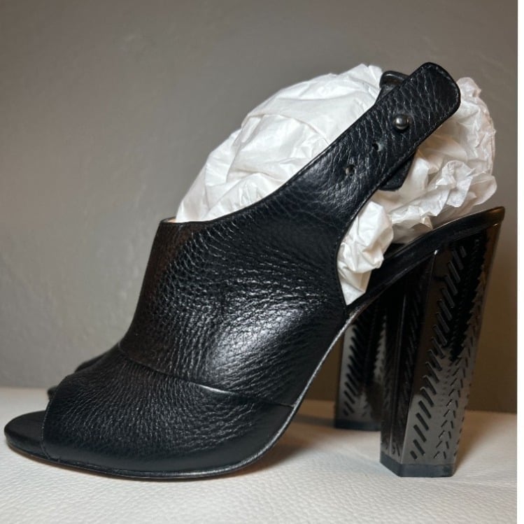 Coach Lillie High Mirrored Block Heel Peep Toe Sling Back Black Leather Shoes 8