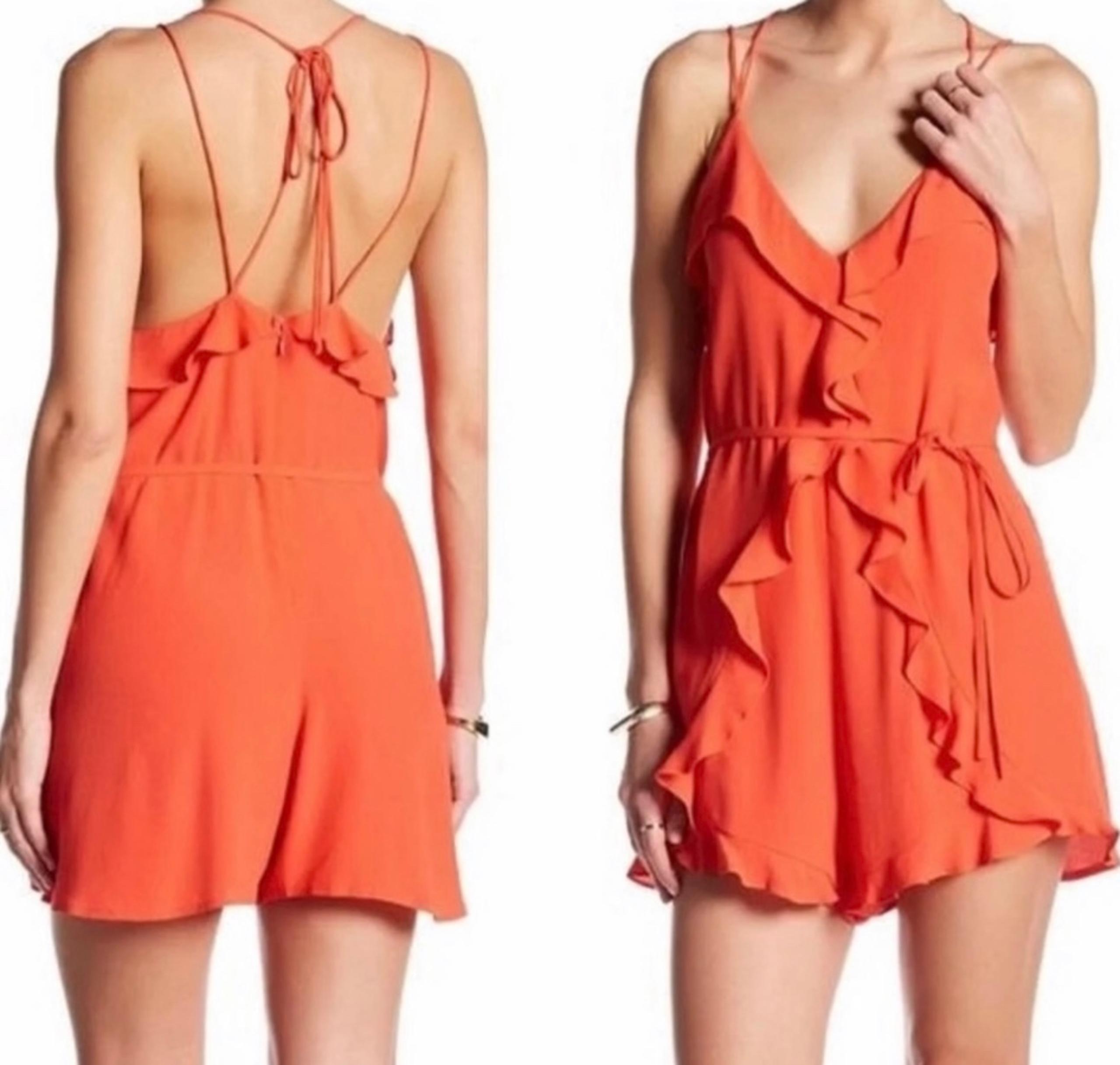 ASTR THE LABEL Waist Tie Flutter Romper Coral Red Orange Strappy Sleeveless S