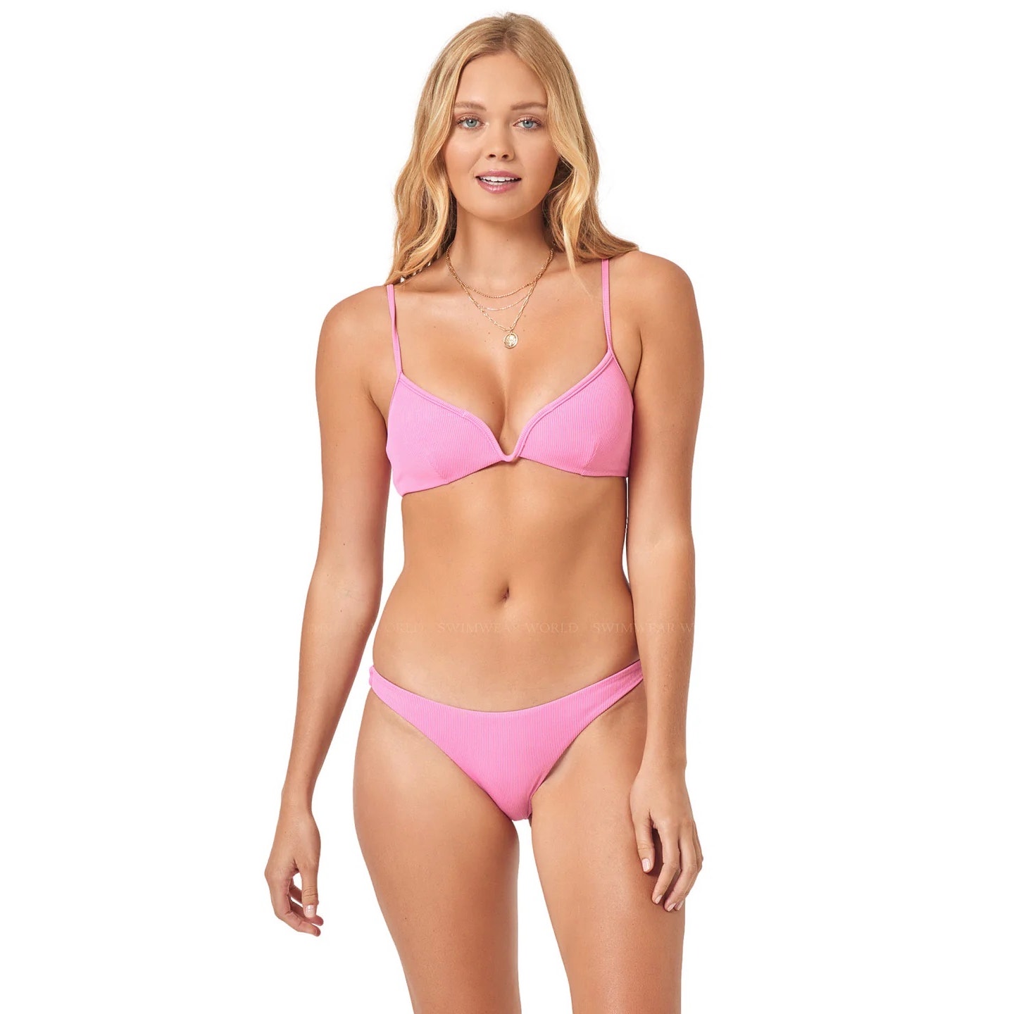 L*Space Helena Guava Pink V-Wire Triangle Bikini Swimsuit Top Size Medium