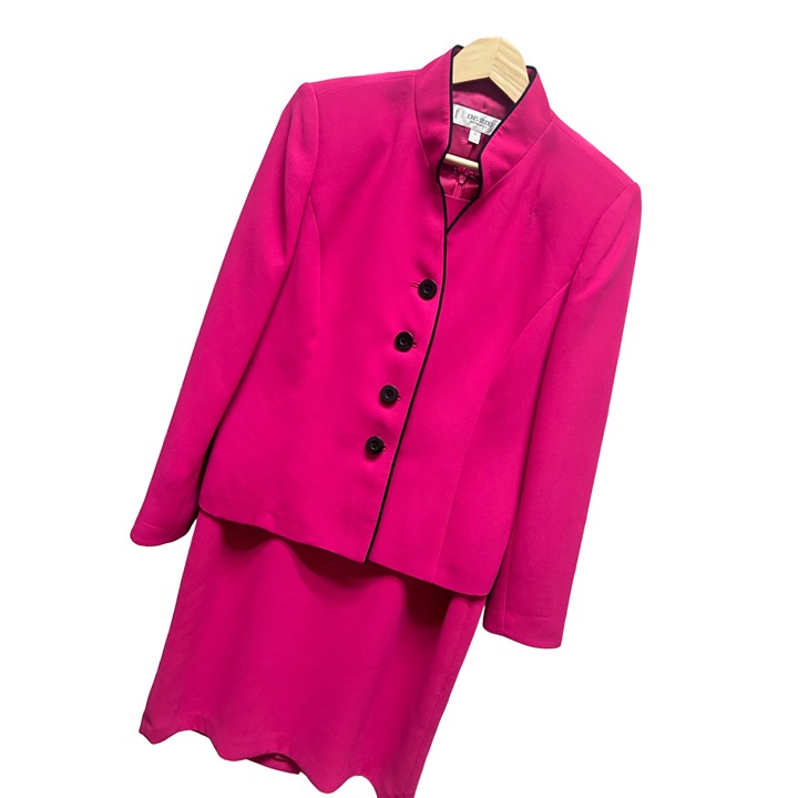 Jones Studio 2 Piece Hot Pink Black Trim Dress Suit