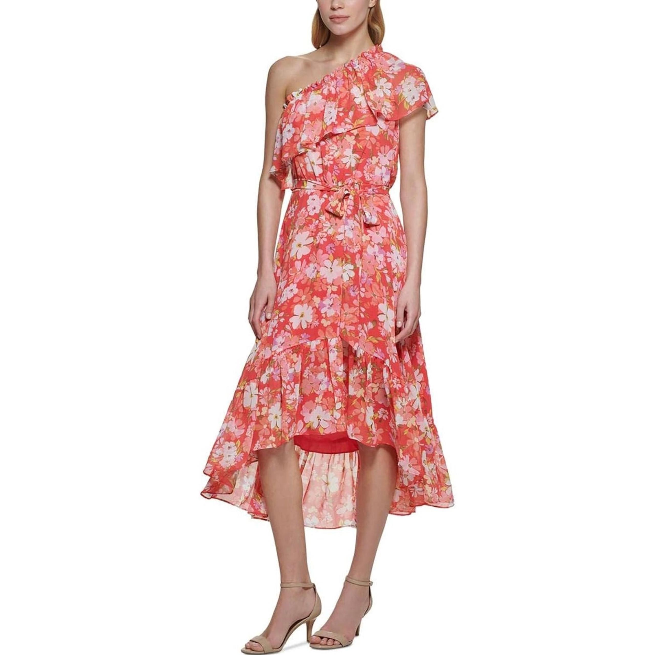 Womens Vince Camuto Dress Chiffon Ruffle Side Zip One Shoulder High-Low Midi