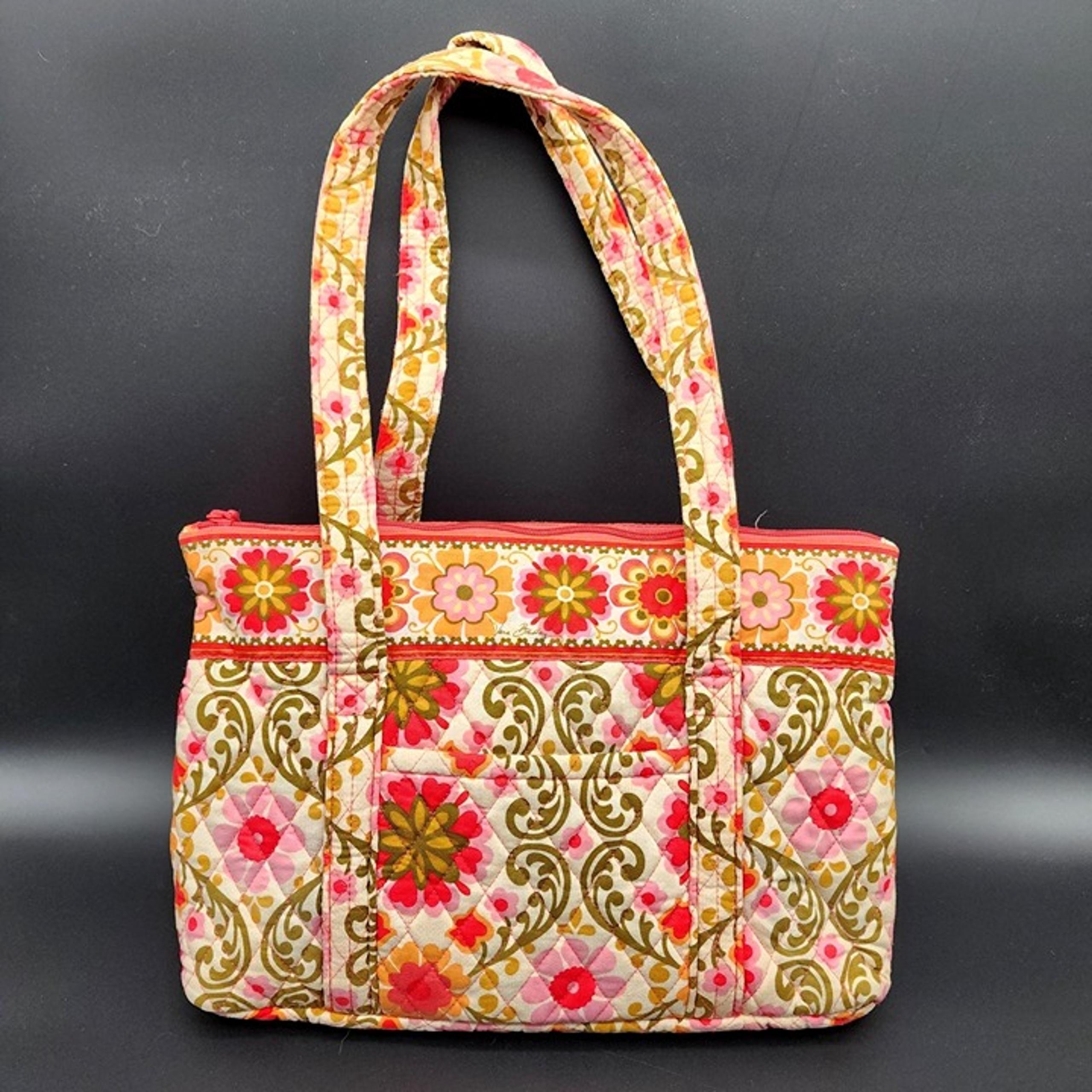 Vera Bradley Quilted Floral Pinks & Orange Print Zip Close Shoulder Bag Purse